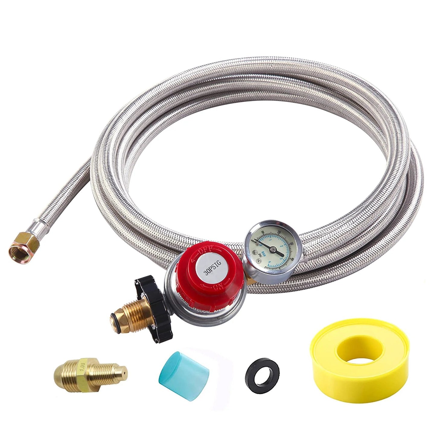 High Pressure Propane Regulator With Gauge And 12 Ft Stainless Steel Braided Hose Adjustable 0 To 30 PSI POL Connector