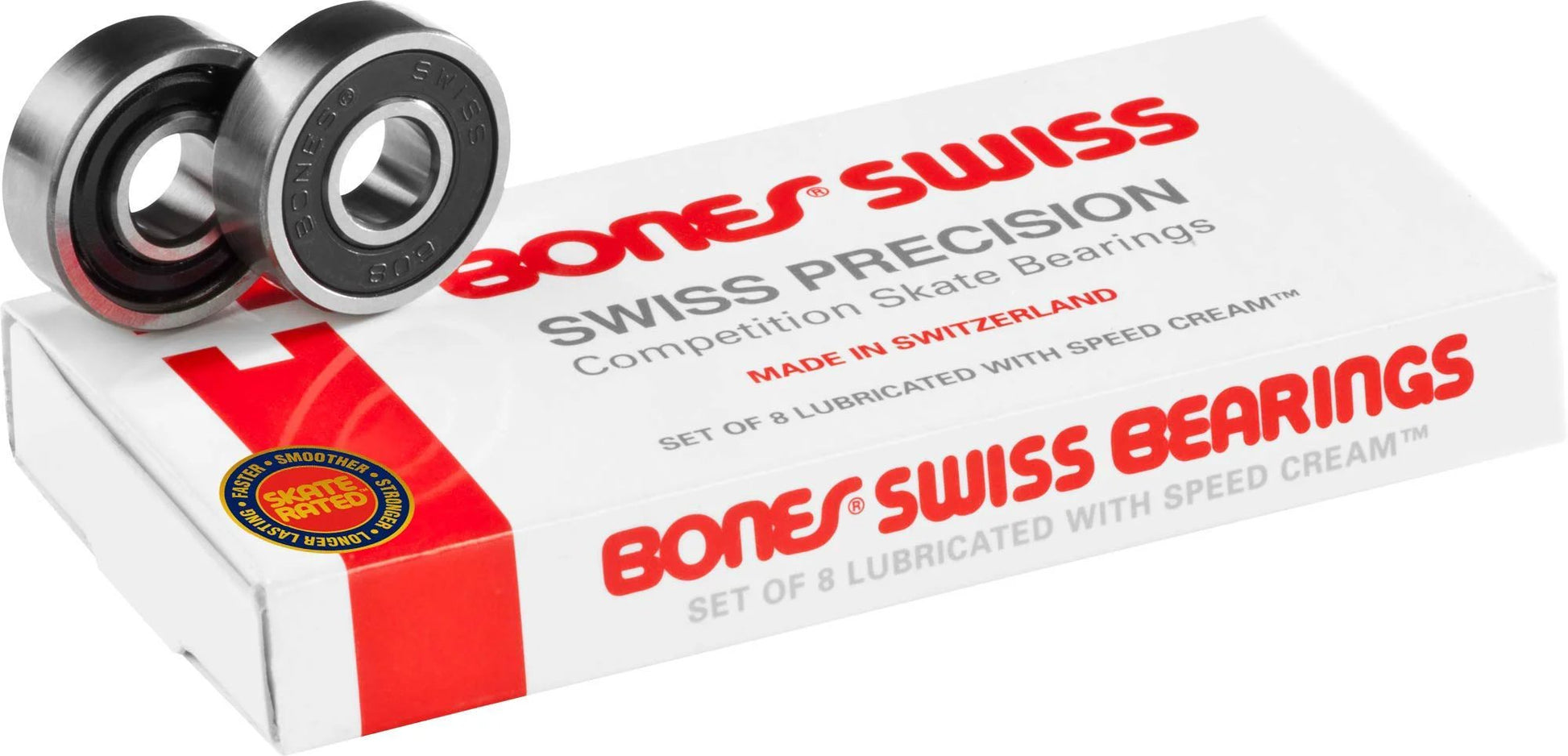 Box of Premium Swiss Skateboard Bearings 8 Pack With Speed Cream Lubrication And Non Contact Rubber Shields For Easy Cleaning