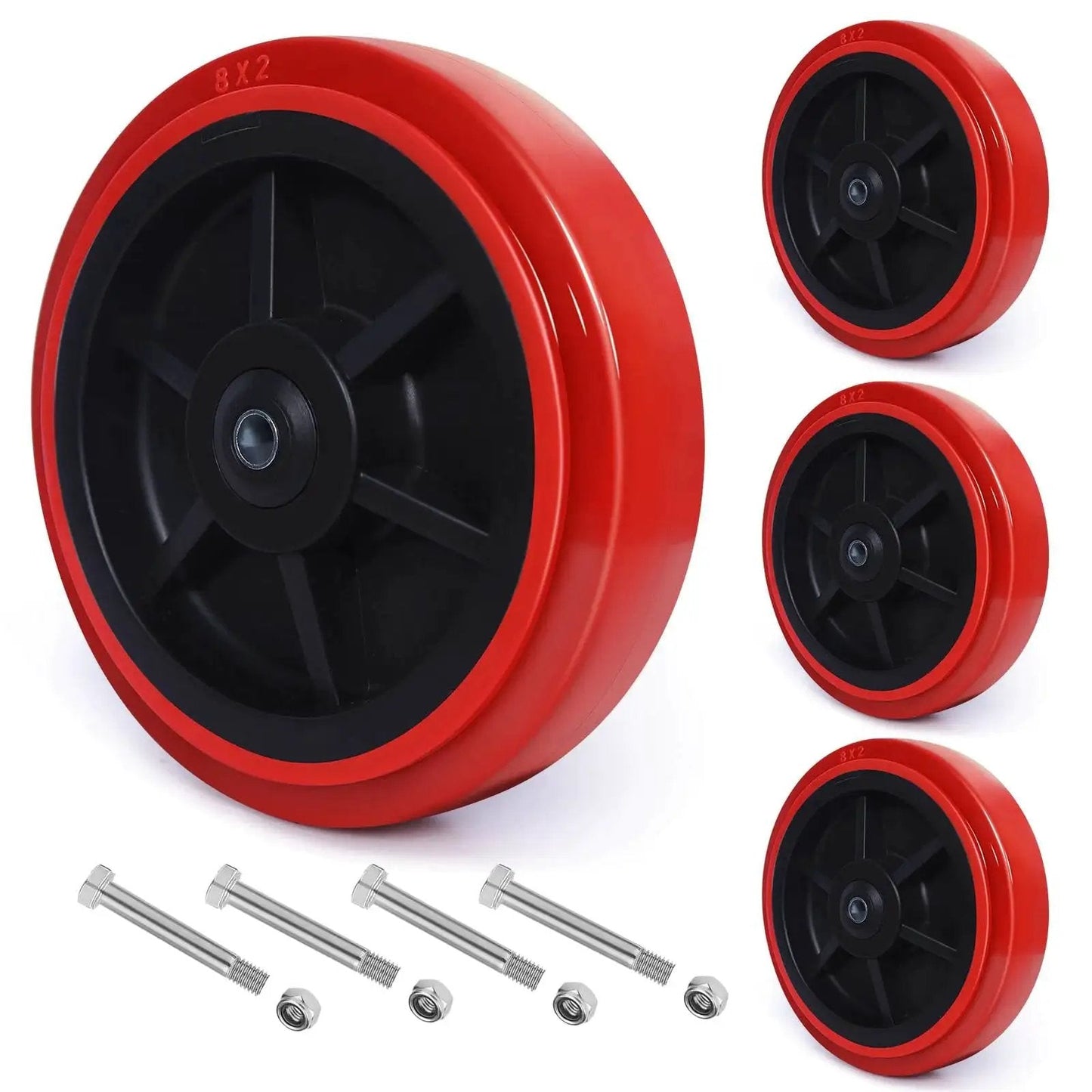 8 Inch Industrial Caster Wheels Set Of 4 With Polyurethane Tread On Polyolefin Core Double Roller Bearing 6000 Lb Capacity