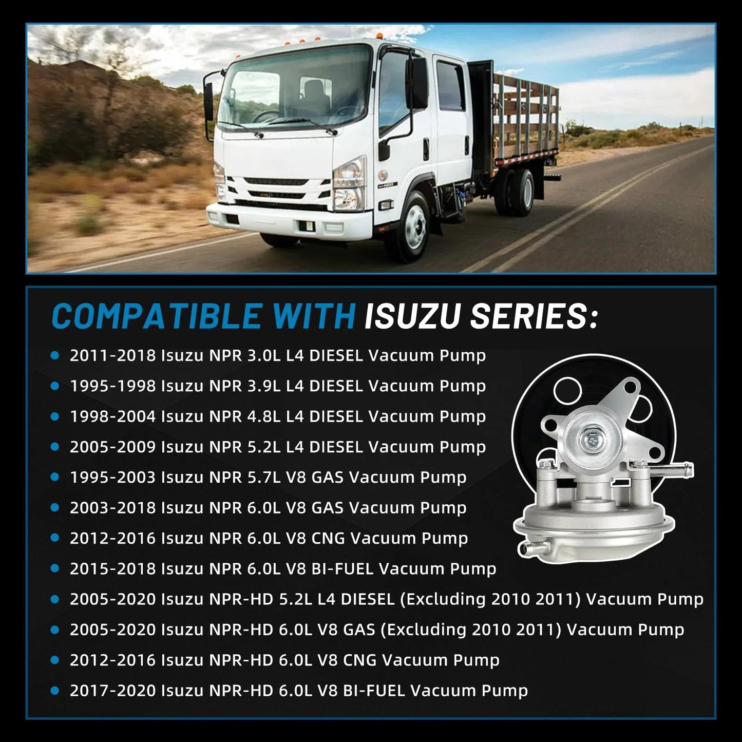 Vacuum Pump With Pulley For Isuzu NPR NPR HD 1995 To 2020 V8 Gas Engines L96 LQ4 LY6 L31 L05 3.0L 3.9L 4.8L 5.2L 5.7L 6.0L Replacement 8972410351 97241035 compatibility chart