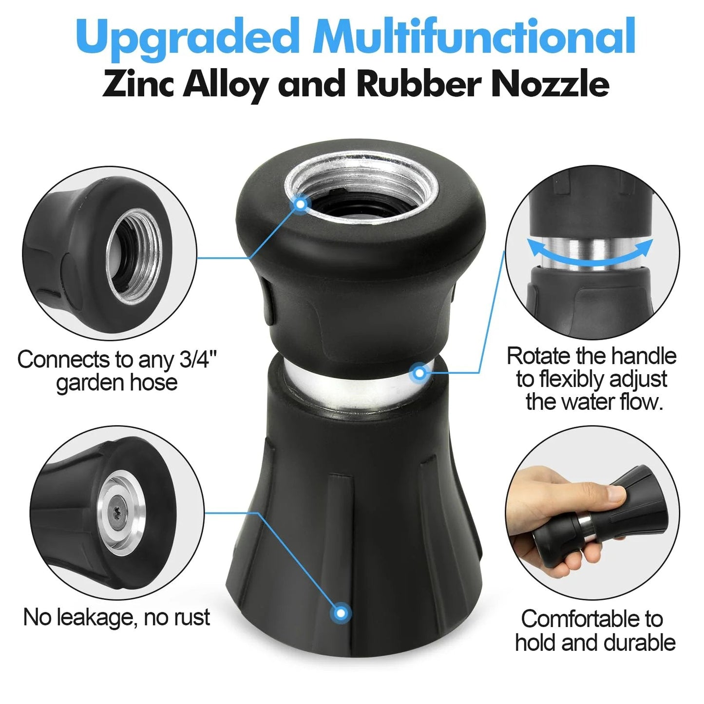Heavy Duty 50 Foot Black Garden Hose With High Flow Nozzle For Yard And Farm Flexible Rubber Construction That Withstands Minus 50 To 158 Degrees Fahrenheit And Features Three Quarter Inch Stainless Steel Fittings SPECILITE nozzle close-up.