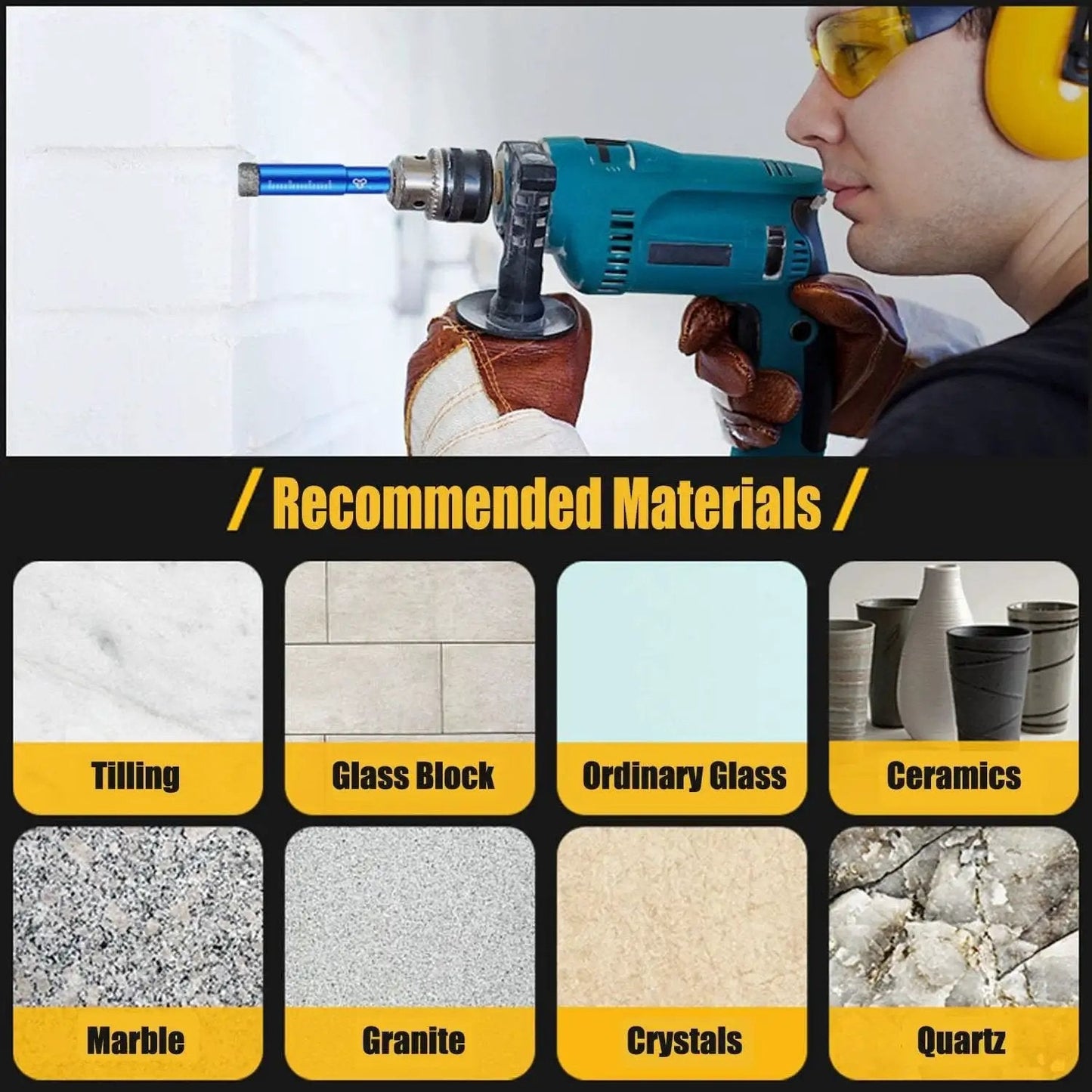 Man using drill with 9-Piece Premium Diamond Drill Bit Set for Precision Drilling in Porcelain, Ceramic, Glass, and Marble.