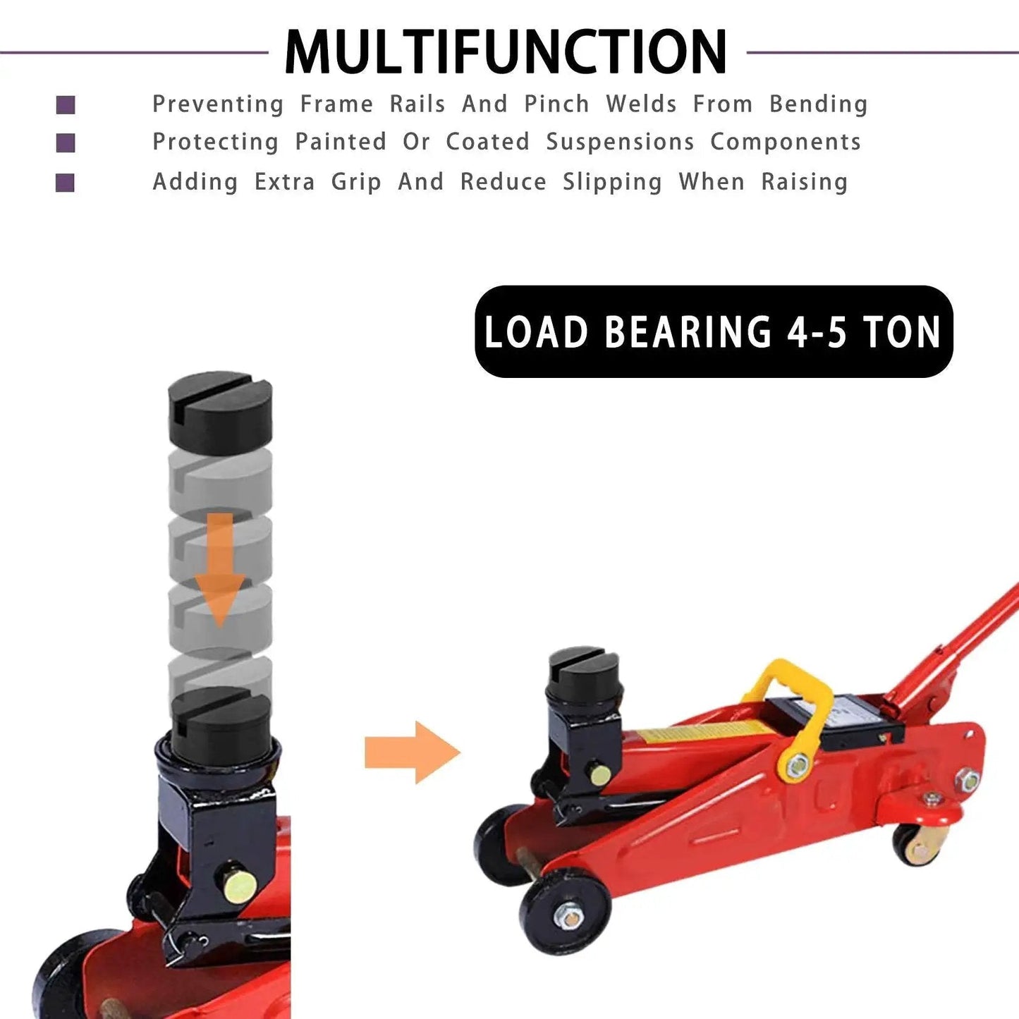 4 Pack Floor Jack Pad Adapters 3 Inch Rubber Pinch Welds Protector For Rails shown on a red floor jack demonstrating installation.