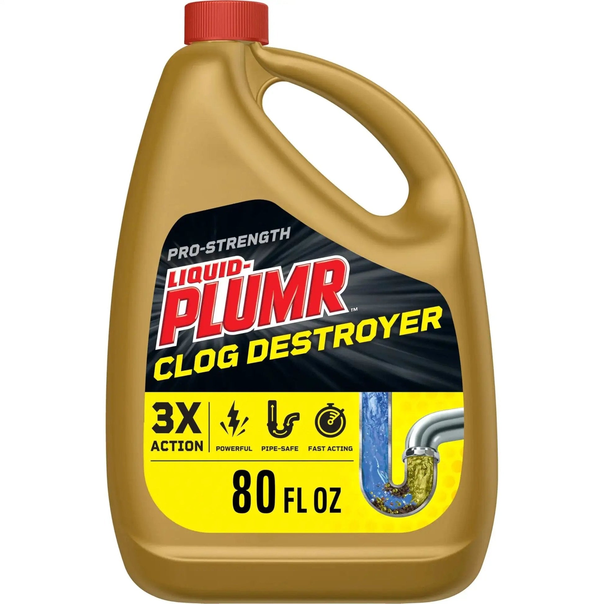 Front view of Pro Strength Clog Destroyer Gel For Drains Liquid Drain Cleaner 80 Oz in a gold jug with red cap.