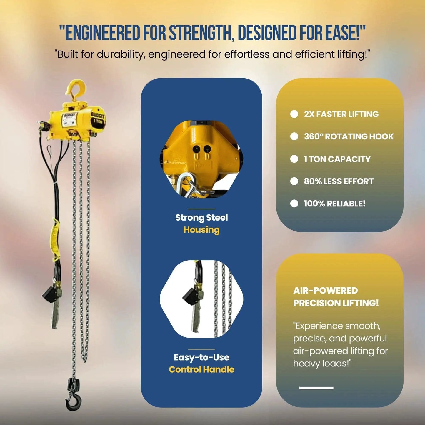 1 Ton Pneumatic Chain Hoist With 20 Ft Lift And Pendant Control with strong steel housing and easy-to-use control handle.