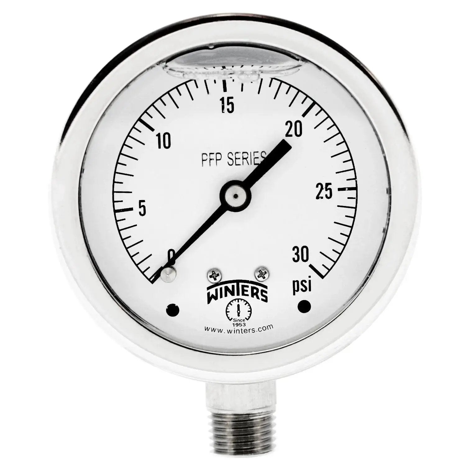 Heavy Duty Stainless Steel 304 Liquid Filled Pressure Gauge Zero To Thirty Psi, Two And A Half Inch Dial, Winters PFP Series