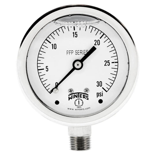 Heavy Duty Stainless Steel 304 Liquid Filled Pressure Gauge Zero To Thirty Psi, Two And A Half Inch Dial, Winters PFP Series