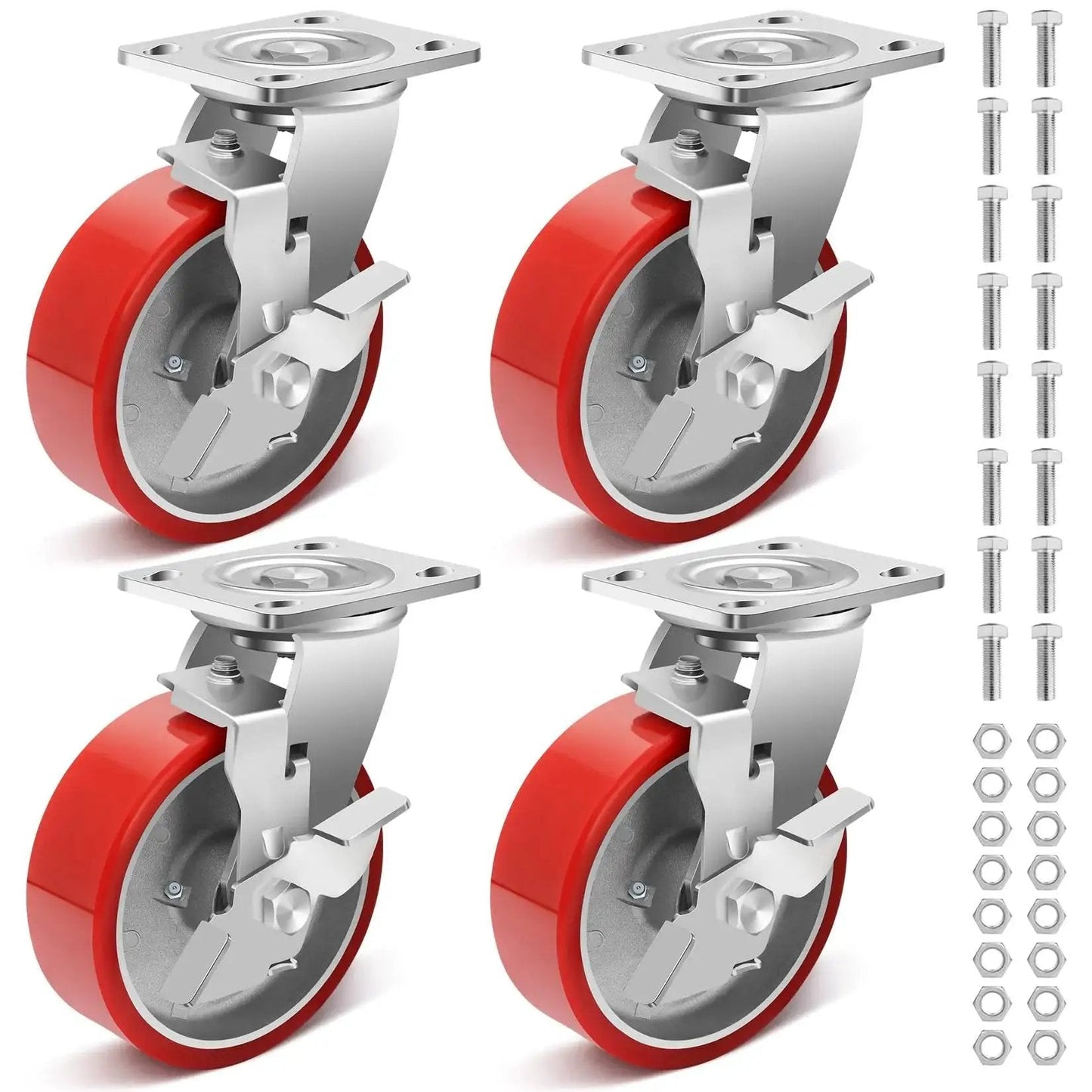 Set of 4 6 Inch Heavy Duty Industrial Grade Caster Wheels with Aluminum Core PU Wheels and Brakes, anti-corrosion for trolleys.