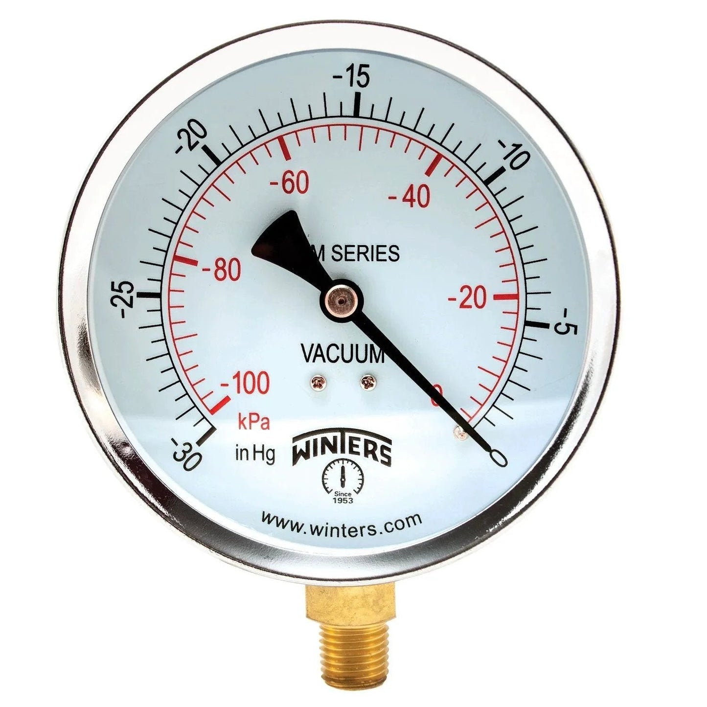4 Inch Dial Vacuum And Pressure Gauge With Brass Internals And Steel Case Dual Scale PSI And KPa And Hg Vacuum Bottom Mount One Quarter Inch NPT Economy Utility Gauge With Three Point Two To Three Percent Accuracy Across Range