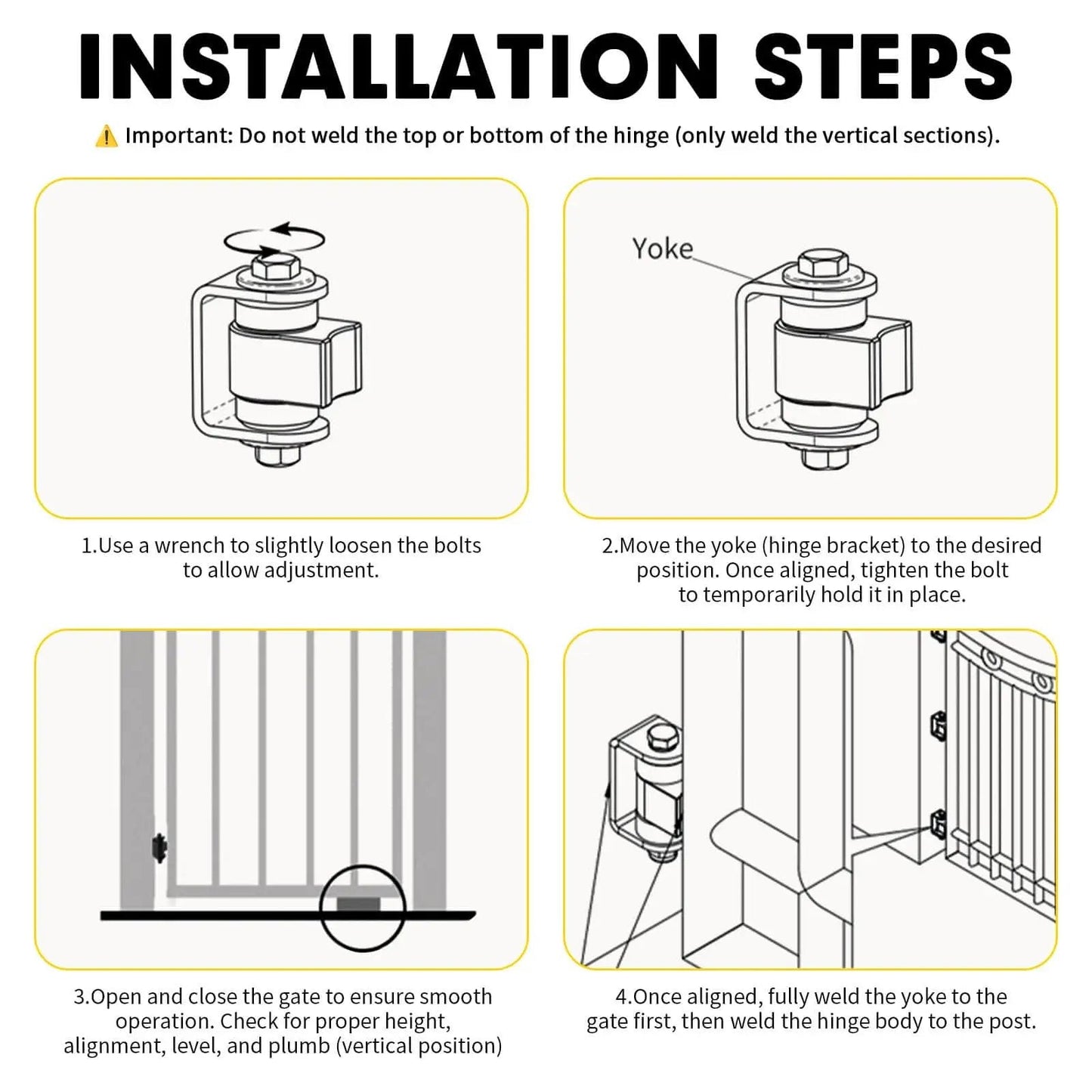 Installation steps for Heavy Duty Weld On Gate Hinges 4 Pack Adjustable Sealed Bearing Swing Gate Hardware For Metal Driveway Gates Farm Fences And Industrial Swing Gates That Are Tough As Nails Supports 1100 Lbs Each Smooth Quiet Operation illustration