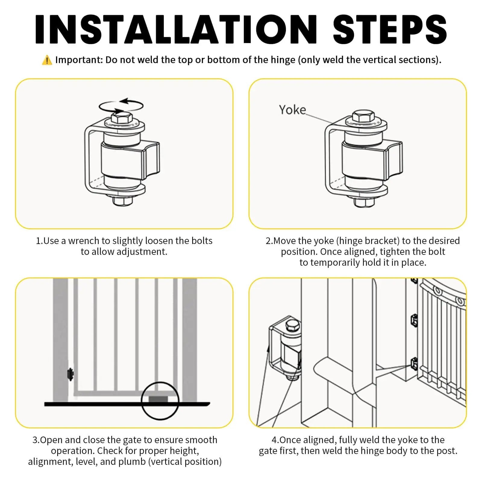 Installation steps for Heavy Duty Weld On Gate Hinges 4 Pack Adjustable Sealed Bearing Swing Gate Hardware For Metal Driveway Gates Farm Fences And Industrial Swing Gates That Are Tough As Nails Supports 1100 Lbs Each Smooth Quiet Operation illustration