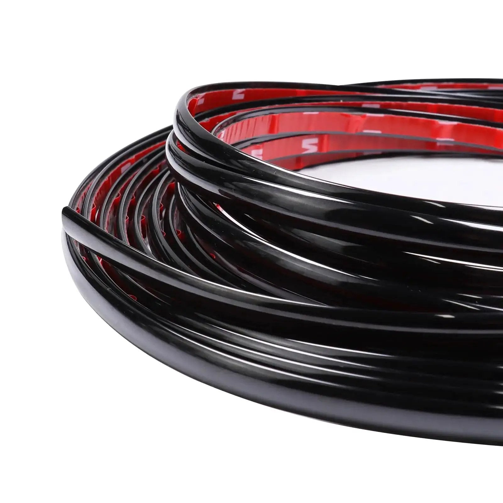 Close-up of Glossy Black 12mm Automotive Trim Molding 25 Foot Self Adhesive for Vehicles, showing coiled glossy black ABS material with adhesive backing.