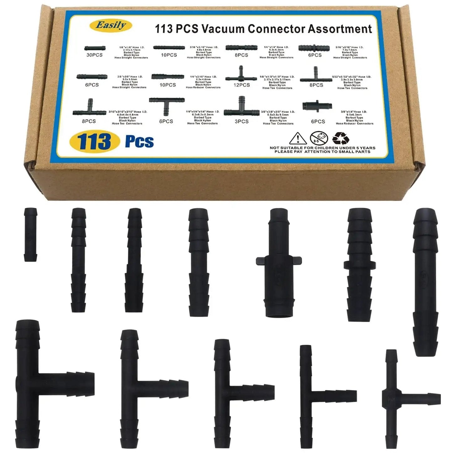 Nylon 66 Vacuum Connector Kit For Automotive Hoses 113 Piece Assortment Heat Resistant To 240C 460F Includes Tee Reducer and Straight Connectors