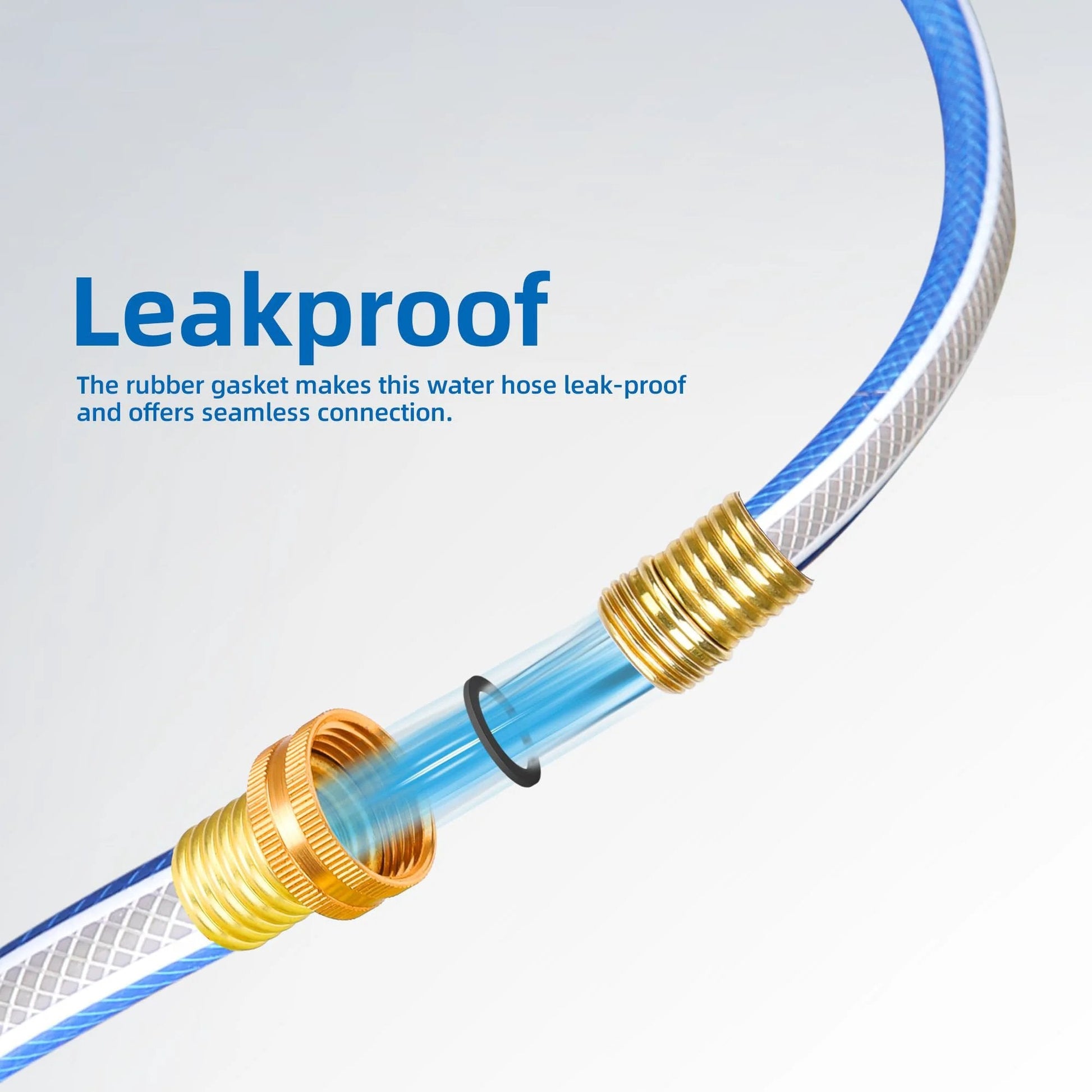 Close-up of Three Quarters Inch Fifteen Foot No Kink Garden Hose with brass fittings, highlighting leakproof rubber gasket.