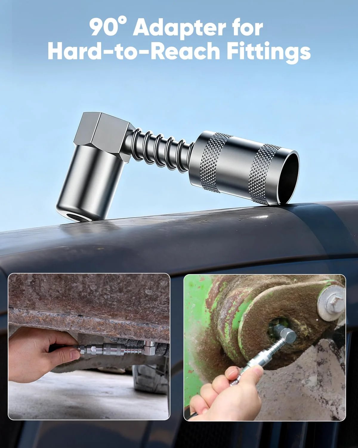 90-degree adapter for Heavy Duty 8000 PSI Manual Grease Gun Kit With Pistol Grip and flexible hose.