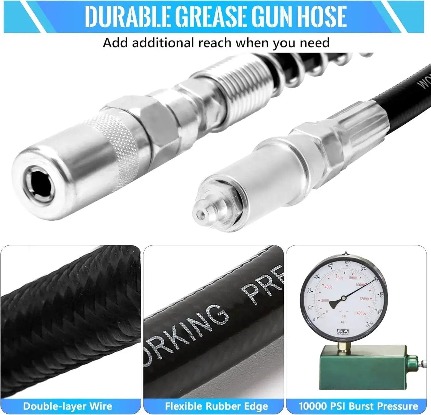 Grease Gun Coupler Kit With 9 Pieces Quick Connect Greasing Accessories 12 Inch Flex Hose And Roll Up Case For Reaching Any Grease Fitting One Eighth Inch NPT Thread Zerk Fittings Perfect For Quick Release Couplers, showing durable hose and connectors.