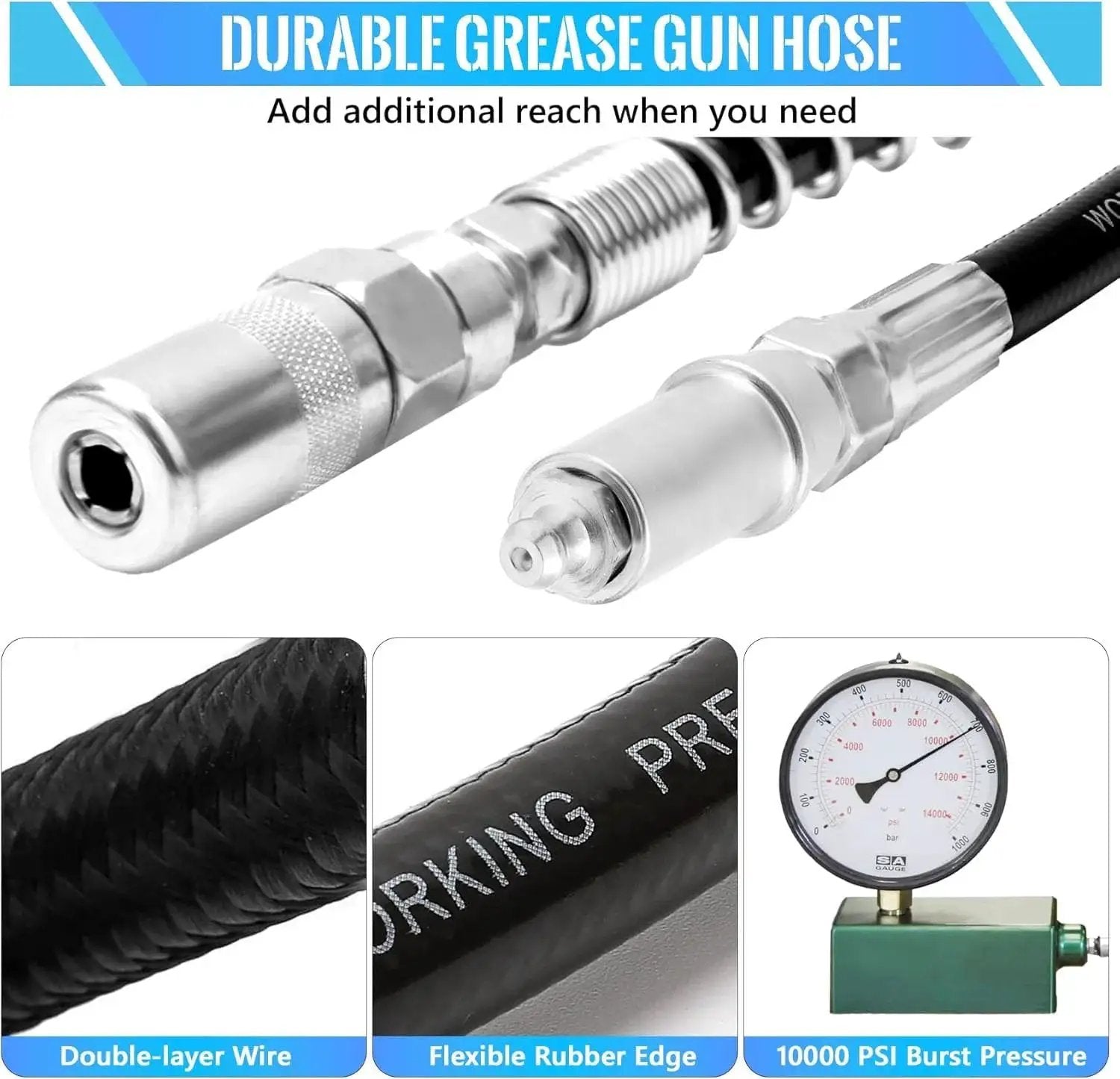 Grease Gun Coupler Kit With 9 Pieces Quick Connect Greasing Accessories 12 Inch Flex Hose And Roll Up Case For Reaching Any Grease Fitting One Eighth Inch NPT Thread Zerk Fittings Perfect For Quick Release Couplers, showing durable hose and connectors.