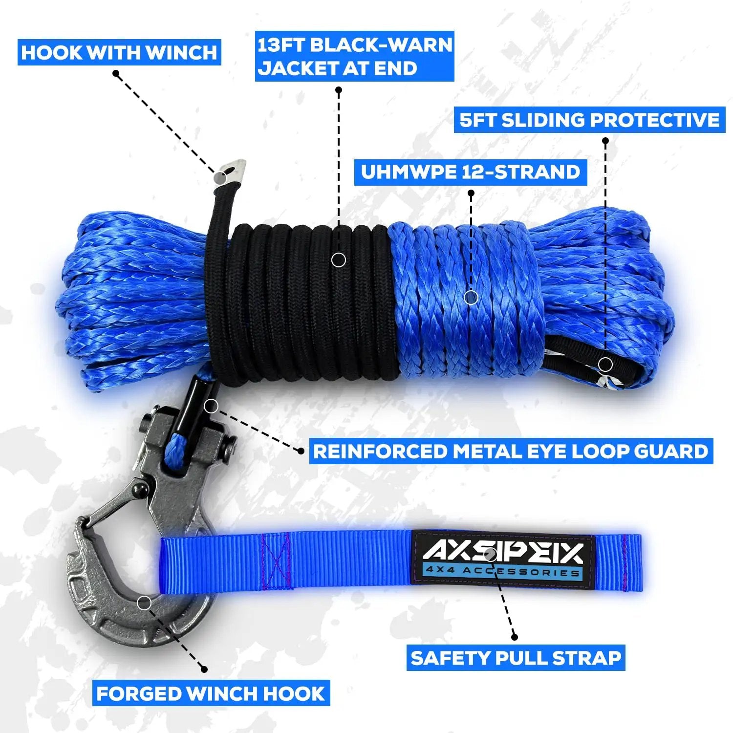 Blue Synthetic Winch Rope Kit 1 Quarter Inch By 50 Foot Off Road Ready With 10000 Lbs Capacity, includes hook and safety strap.