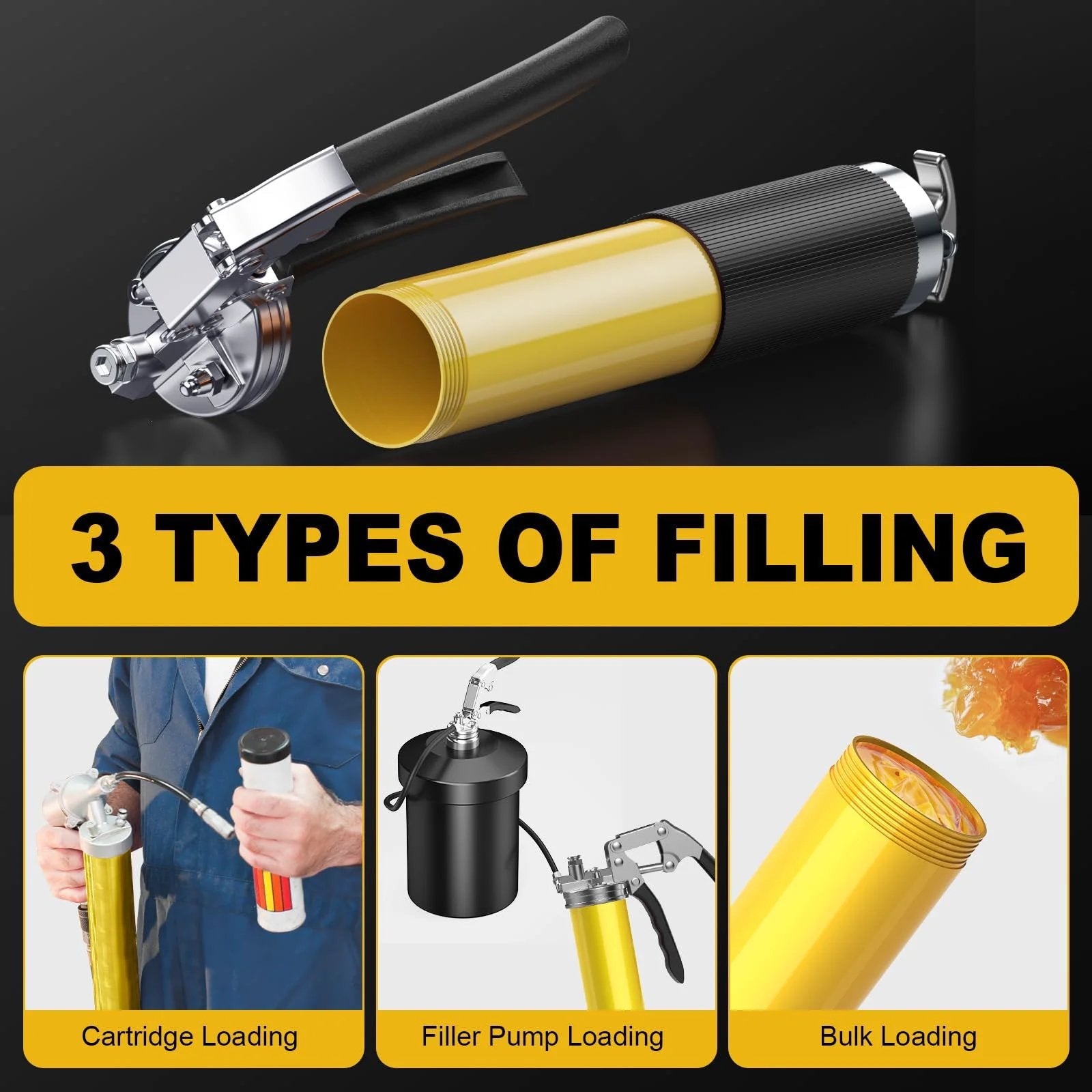 8000 PSI Grease Gun Kit With Leak Proof Pistol Grip And Lock Coupler, 18 Inch Spring Flex Hose shown with filling methods