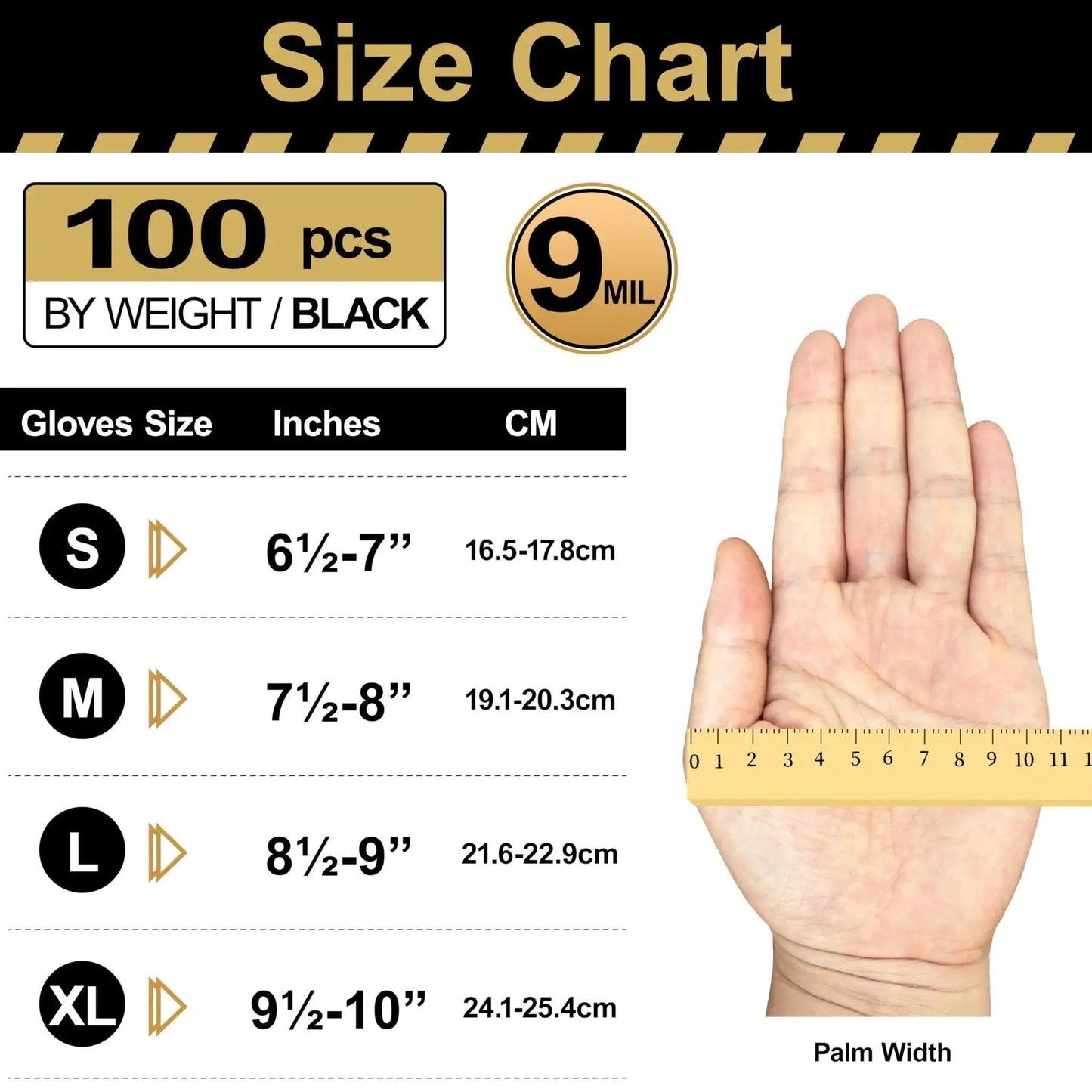 Size chart for Heavy Duty 9 Mil Nitrile Disposable Gloves Diamond Texture Latex Free Large with palm measurement.