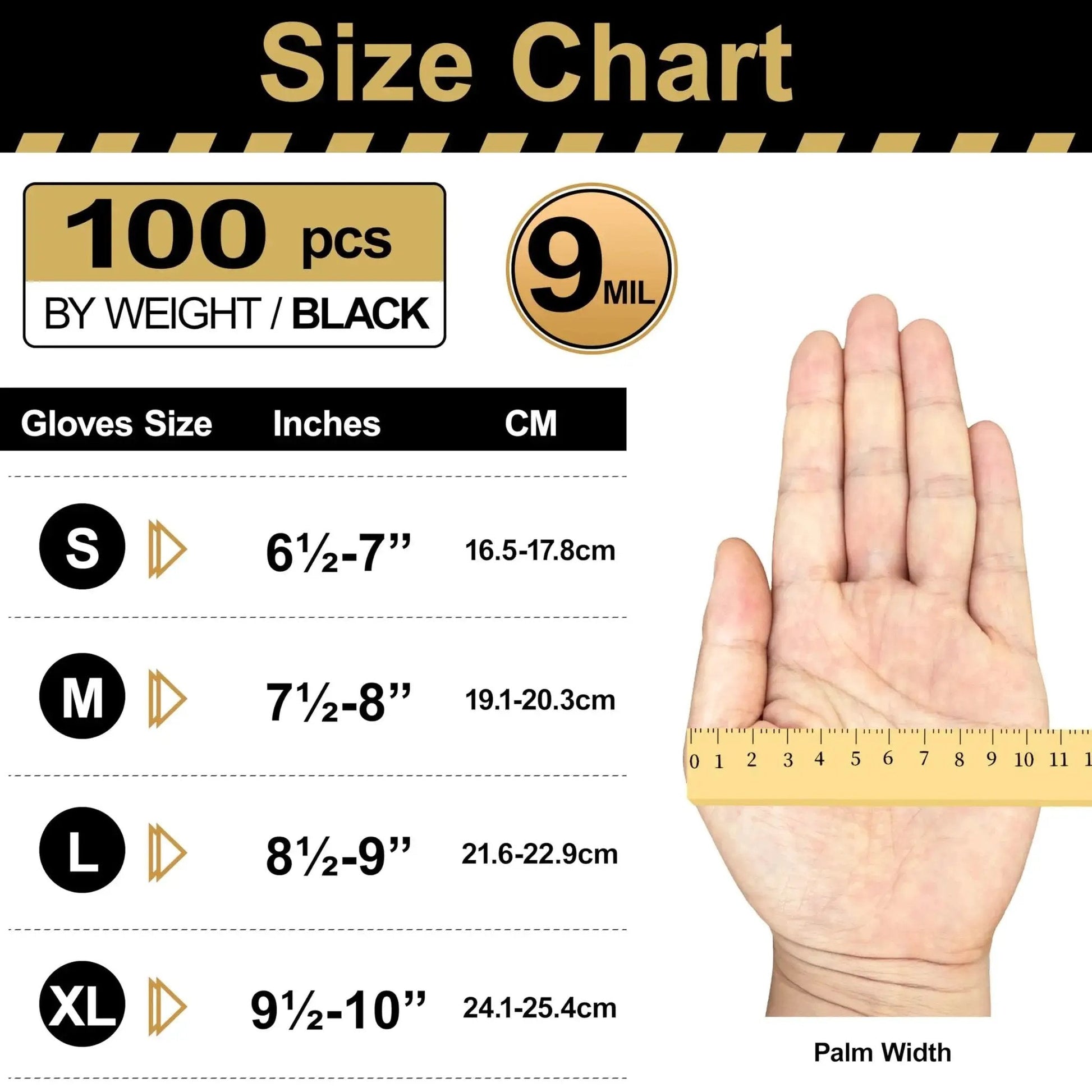 Size chart for Heavy Duty 9 Mil Nitrile Disposable Gloves Diamond Texture Latex Free Large with palm measurement.