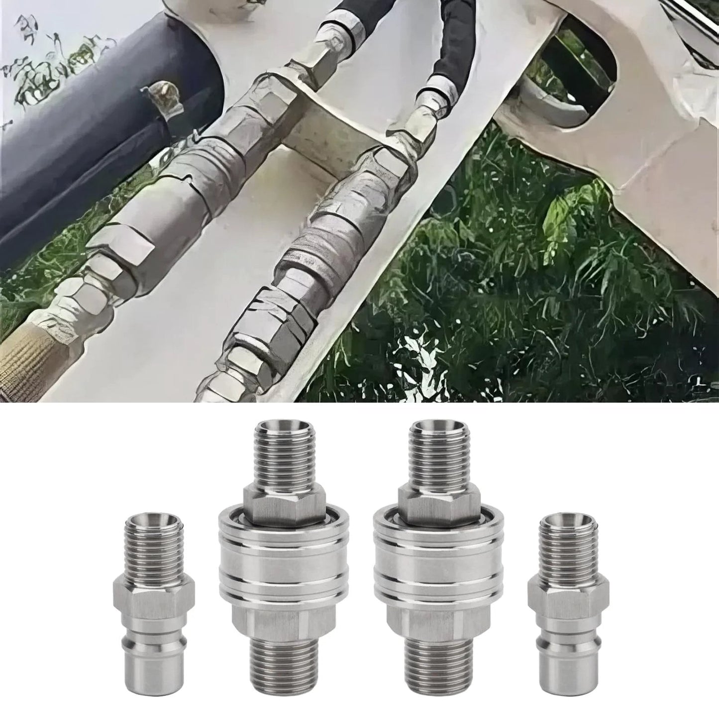 M16 To M14 Dual Channel Hydraulic Quick Connect Adapter Kit for mini excavators installed on machinery with leak-free BSP threads.
