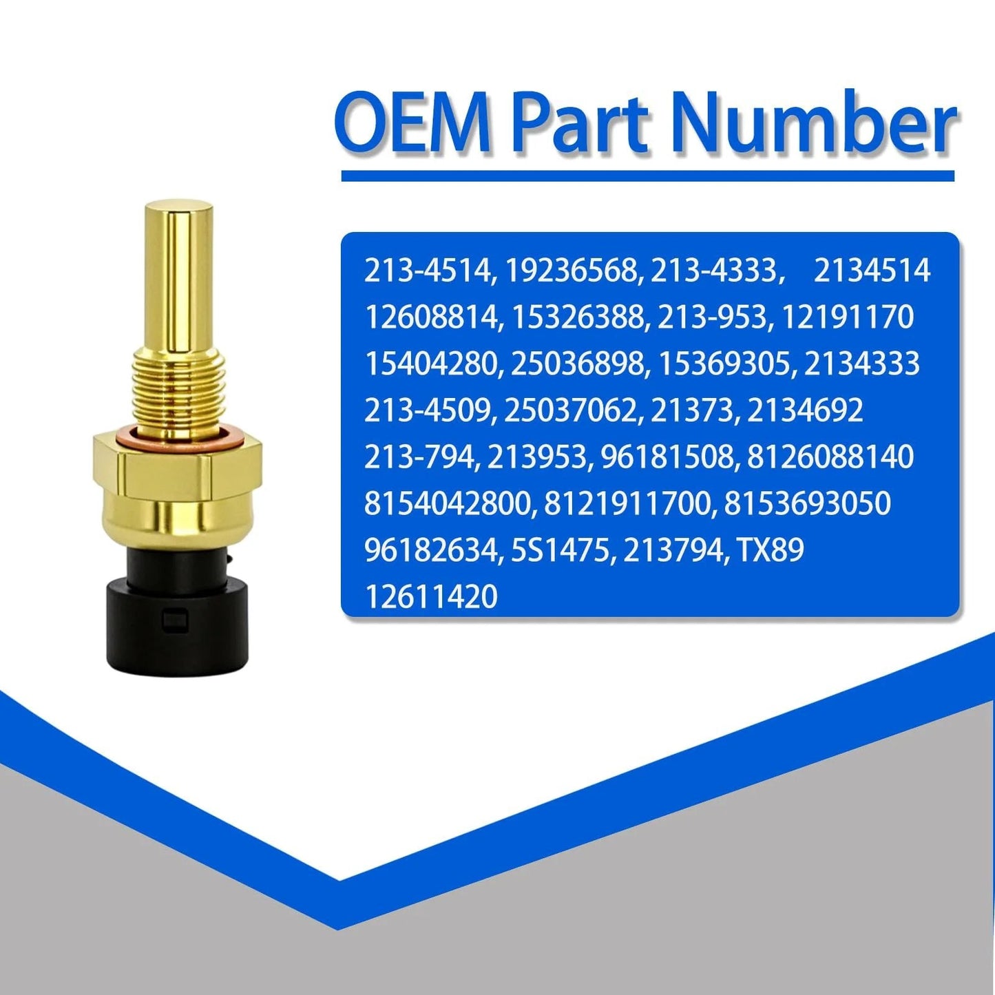 Engine Coolant Temperature Sensor Compatible With Chevy SUVs And Trucks Including Avalanche Impala Trailblazer Suburban 1500 2500 HD Express Silverado GMC Envoy Sierra Yukon Savana Saturn ABIGAIL Quality Replacement Sensor, showing OEM part numbers.