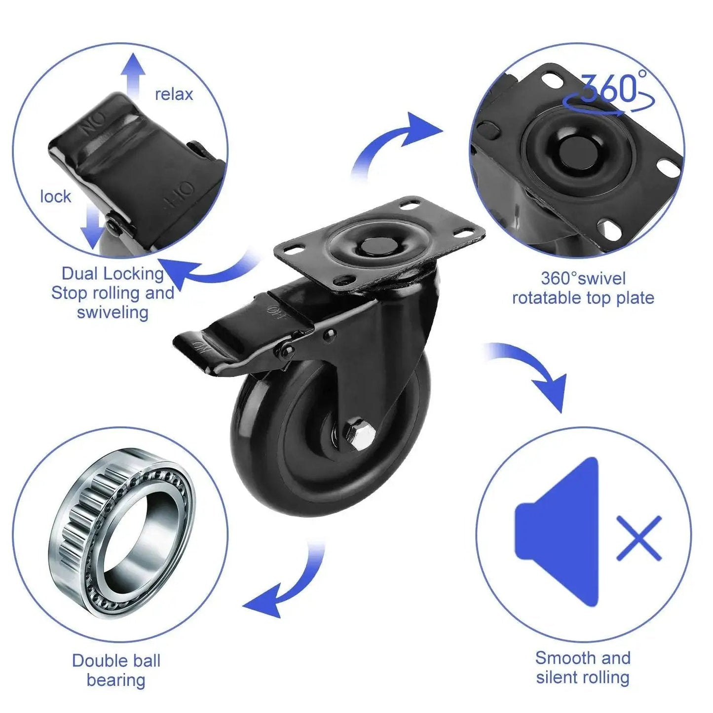 5 Inch Heavy Duty Caster Wheels No Noise Swivel Plate Casters With Brake Lock Top Plate details and features