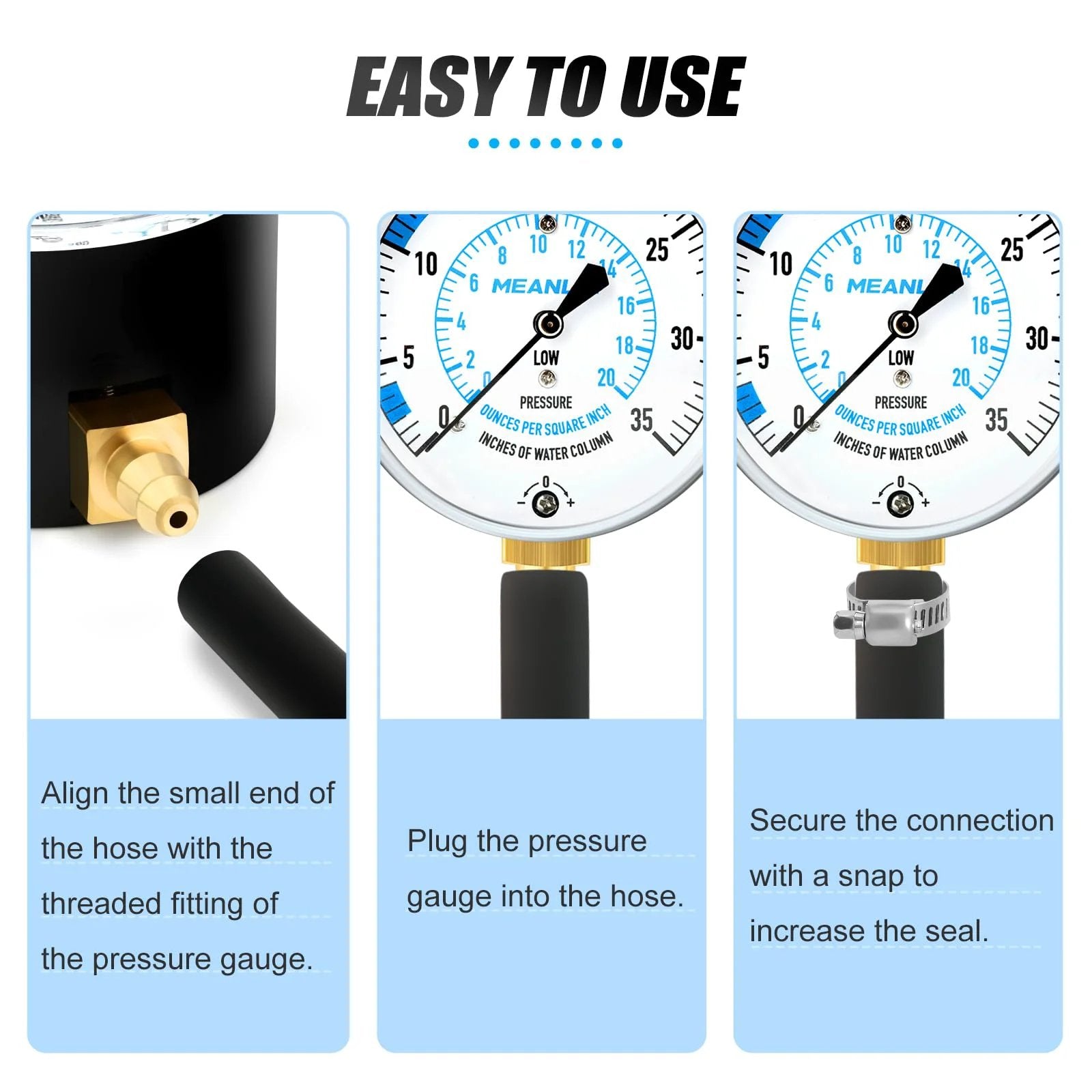 Gas Pressure Test Kit For Natural Gas And LP Gas With 40 Inch Hose Zero To Thirty Five In WC Range with 1/8 Inch NPT Fitting.