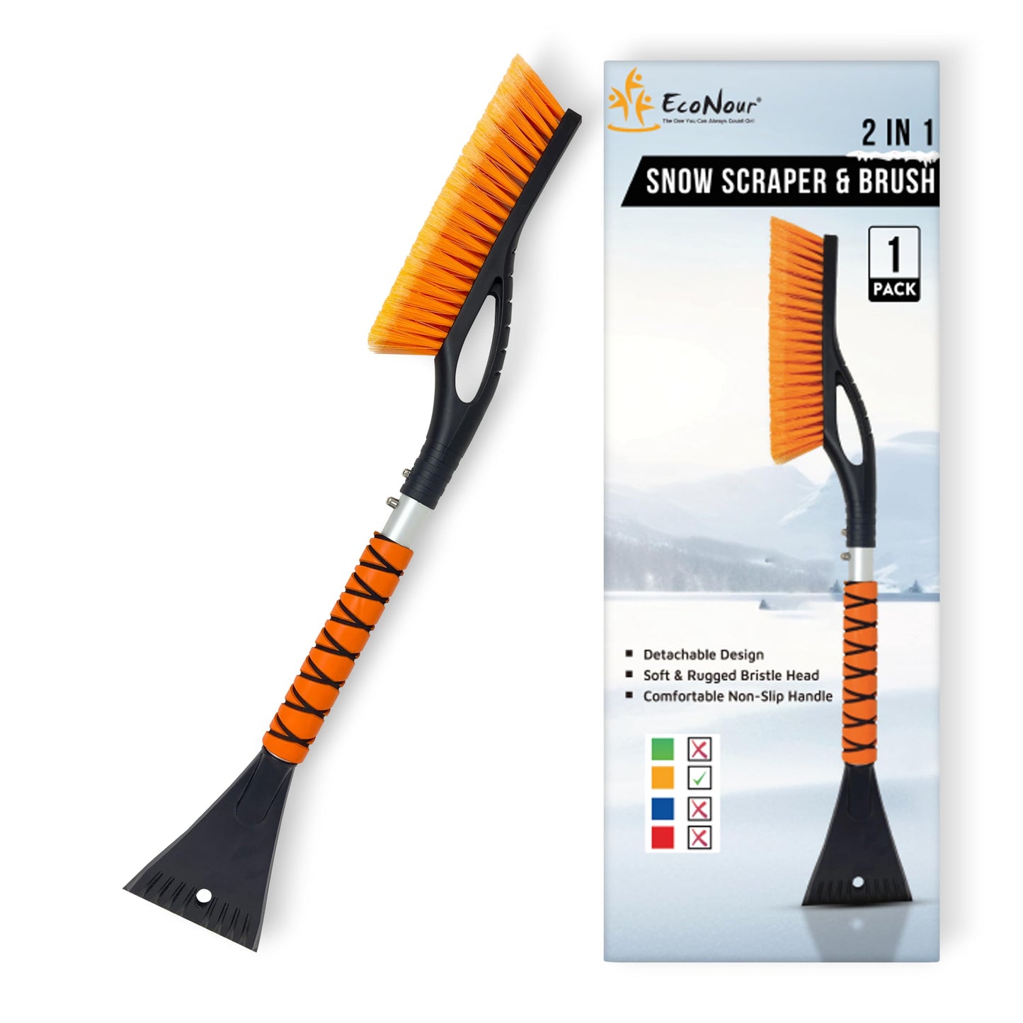 27 Inch Aluminum Ice Scraper EcoNour For Car Windshield With Ergonomic Foam Grip Dual Action Snow Brush For Quick Snow And Ice Removal On The Go Great For Snowy Mornings And Windshield Cleanup Orange