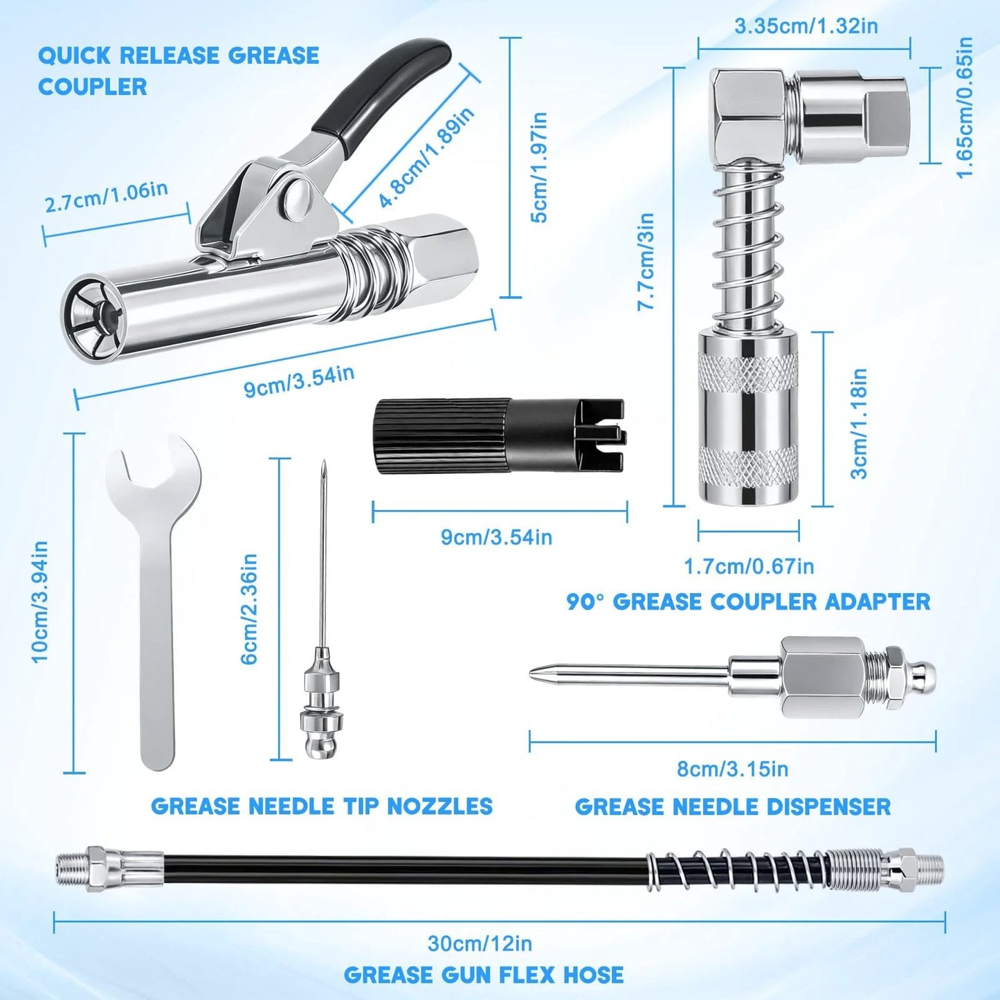 Grease Gun Fittings Accessory Kit Pro Grade With 90 Degree Grease Coupler Adapter And Sleeves Grease Gun Coupler Needle Dispenser Two Needle Nozzle Tips 12 Inch Hose Zerk Fitting Cleaner For Auto Shop And Garage displayed with tools and hose
