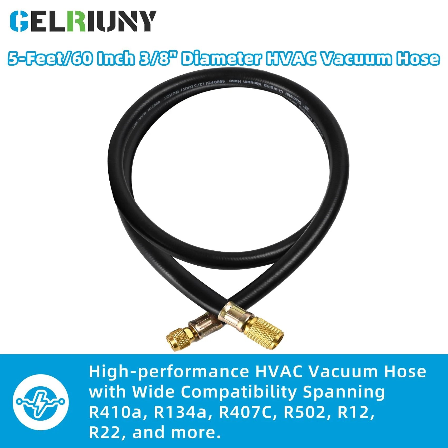 Upgraded Heavy Duty Vacuum Charging Hose Three Eighths To One Quarter Inch Fittings Five Feet Long 800 PSI Working Pressure 4000 PSI Burst Pressure Compatible With Most Refrigeration And Air Conditioning Equipment