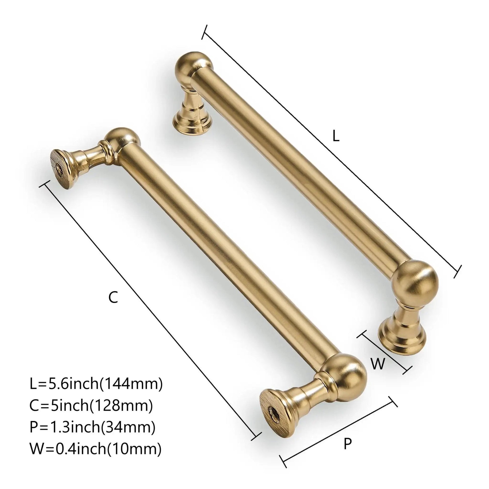 2 Pack 5 Inch Hole Center Brushed Brass Cabinet Pulls Heavy Duty Solid Zinc Alloy Handles with measurements displayed