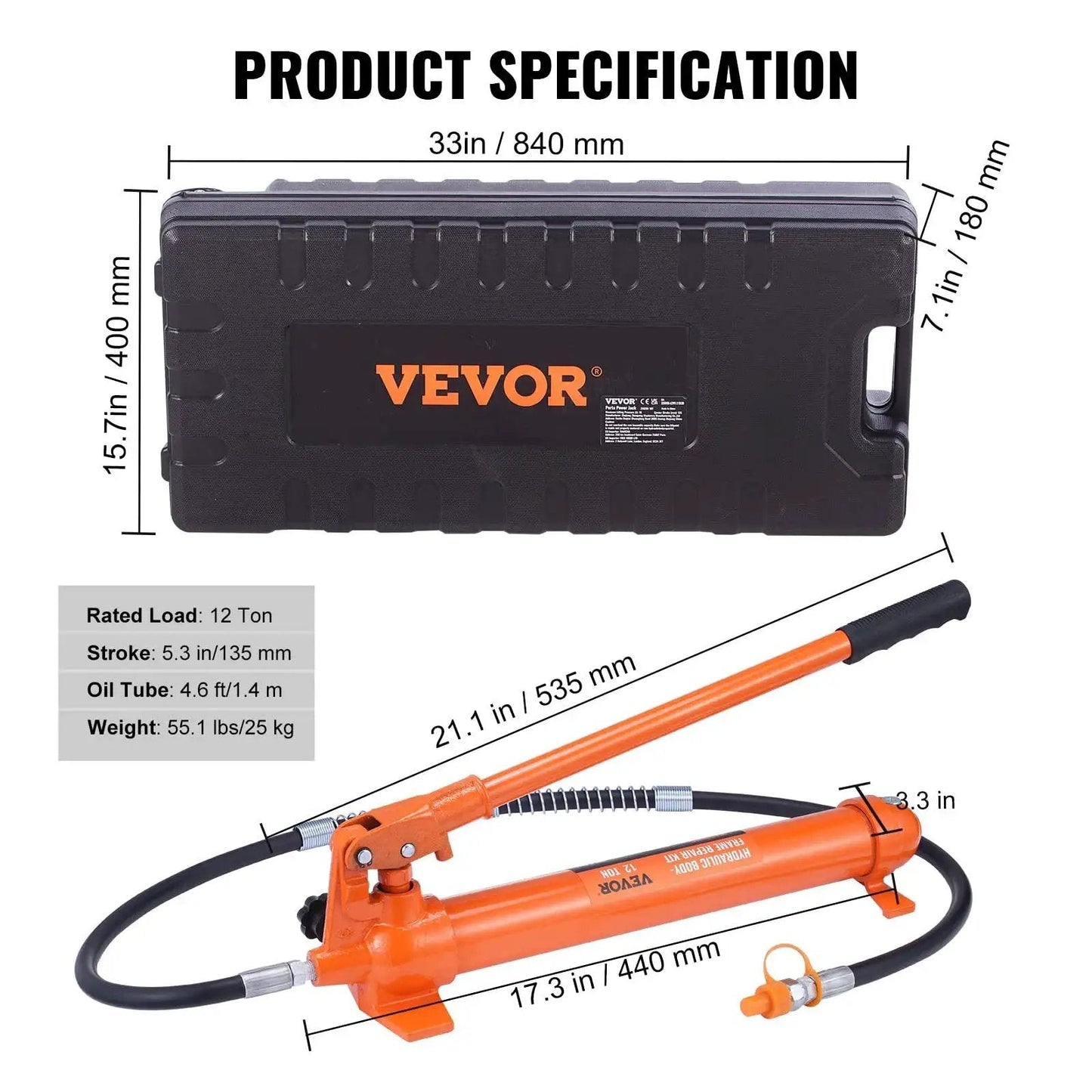 12 Ton Porta Power Kit With Hydraulic Ram And Pump 4.6 Ft Oil Hose Portable shown with carry case and specifications