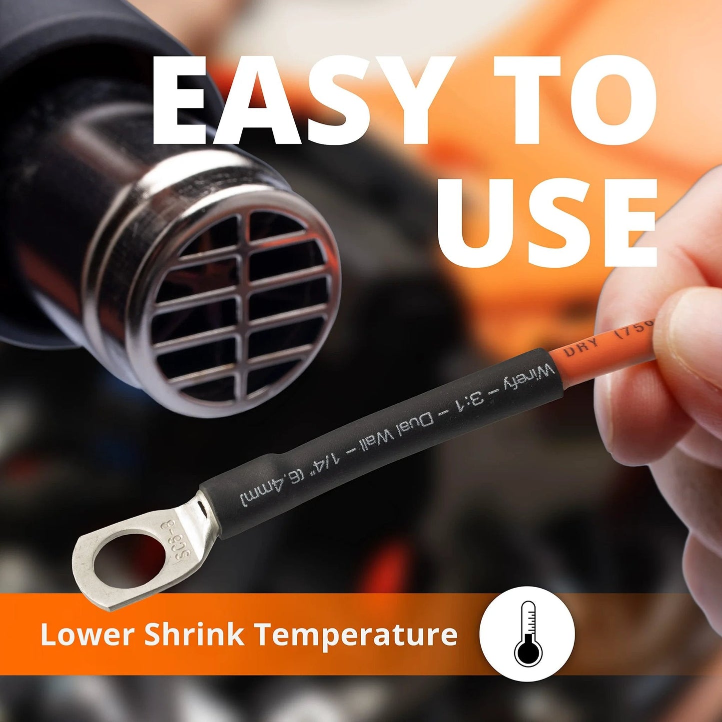 Side view of adhesive lined heat shrink tubing being heated, part of Adhesive Lined Heat Shrink Tubing Kit With 180 Pieces In Black 3 To 1 Shrink Ratio Pro Grade Wire Wrap Tubing For Electrical Wiring Industrial Quality UL Certified By Wirefy.