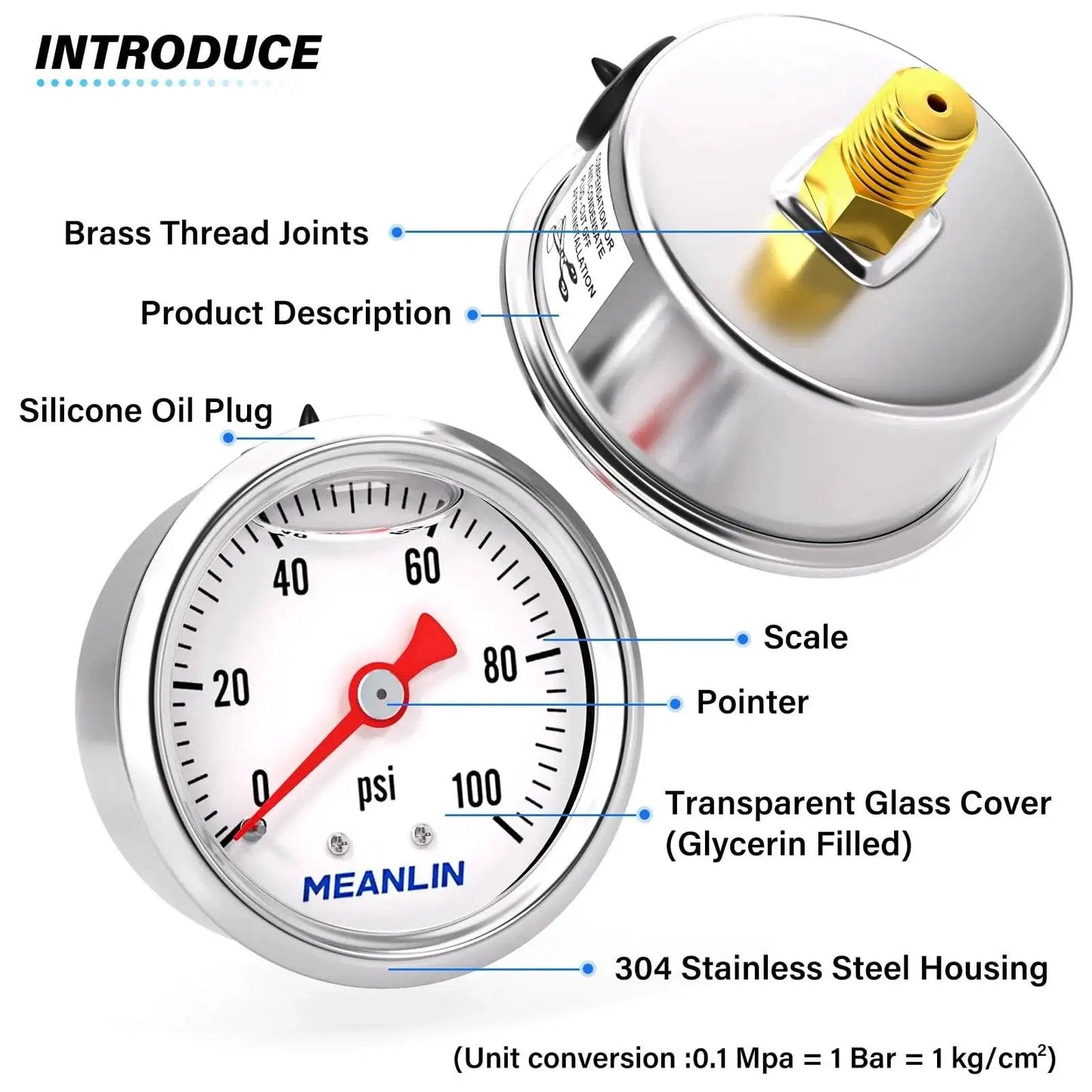 Stainless Steel Liquid Filled Pressure Gauge With 1.5 Inch Dial Face 0 To 100 Psi 1/8 Inch NPT Back Mount Glycerin Filled