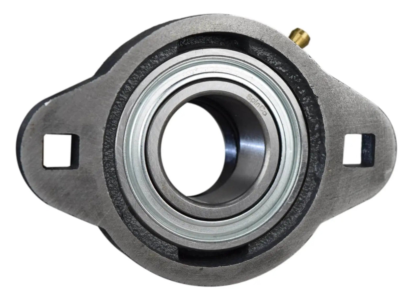 Front view of High Quality Ductile Iron Two Bolt Flange Bearing With Cam Lock Collar And Grease Zerk For One And A Quarter Inch Shaft