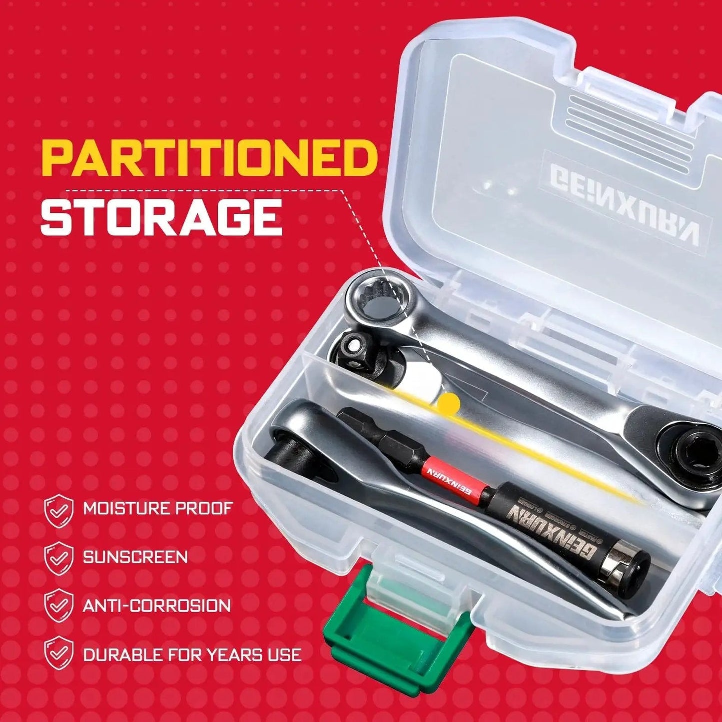 Mini Four Piece One Quarter Inch Drive Ratchet Wrench Set in clear case with moisture proof and durable design displayed on red background