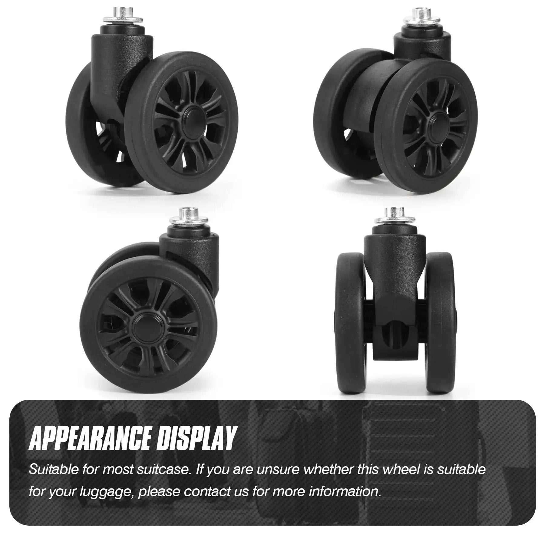 2 Pack Luggage Wheel Replacement Set For Suitcases, 55 Mm Diameter, 25 Mm Axle, Universal Silent 360 Degree Spinner Wheels For DIY Repair, Smooth Mute Glide, Black LN2, Durable Construction For Smooth Roll On Most Surfaces front and side view.