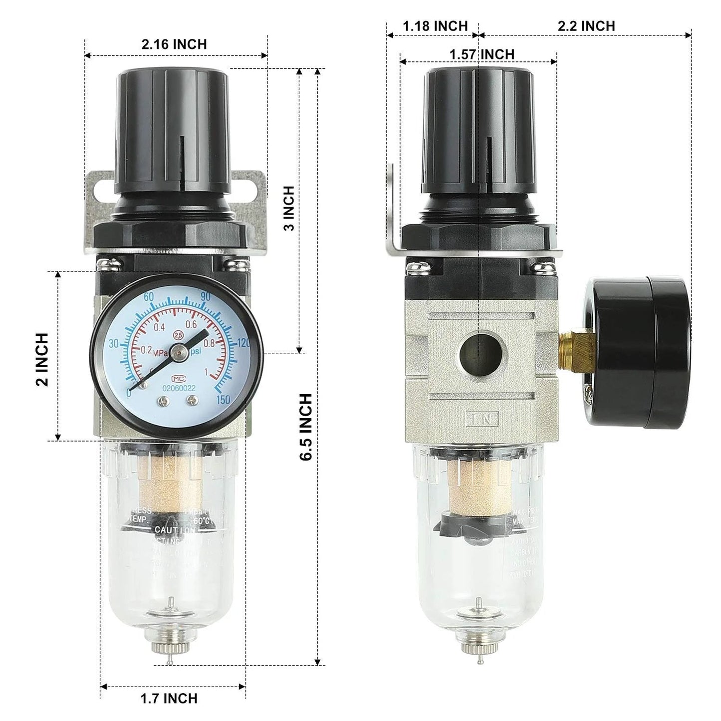Quarter Inch All In One Air Compressor Filter Regulator Combo With Brass Filter Element Water Oil Separator And Pressure Gauge Manual Drain