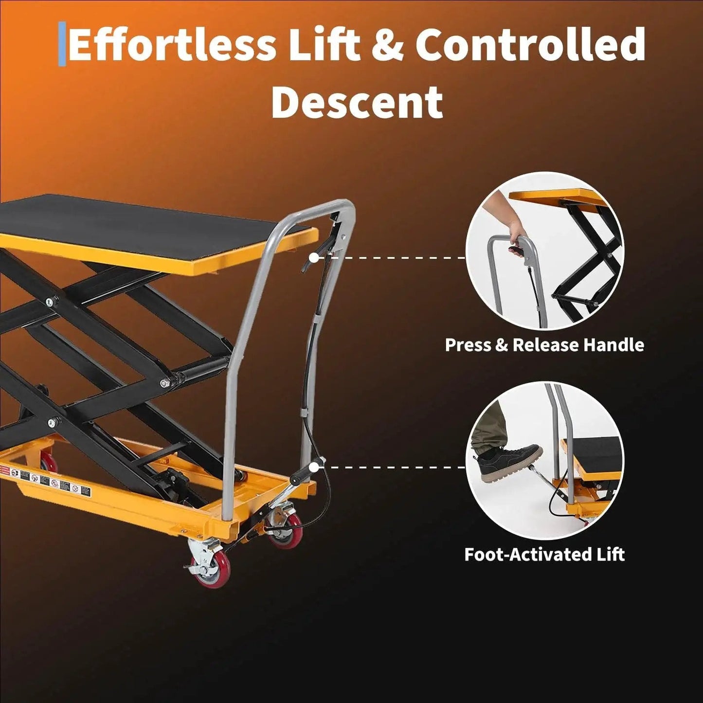 Hydraulic Lift Table Cart 330 Lb Capacity 50 Inch Lift Manual Scissor 4 Wheels with press and release handle detail