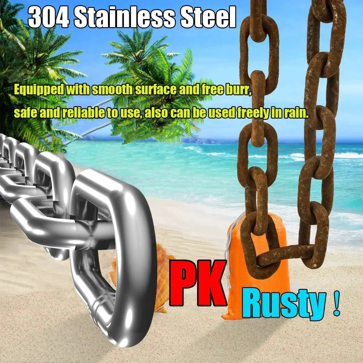 Comparison of 304 stainless steel chain and rusty chain on beach background