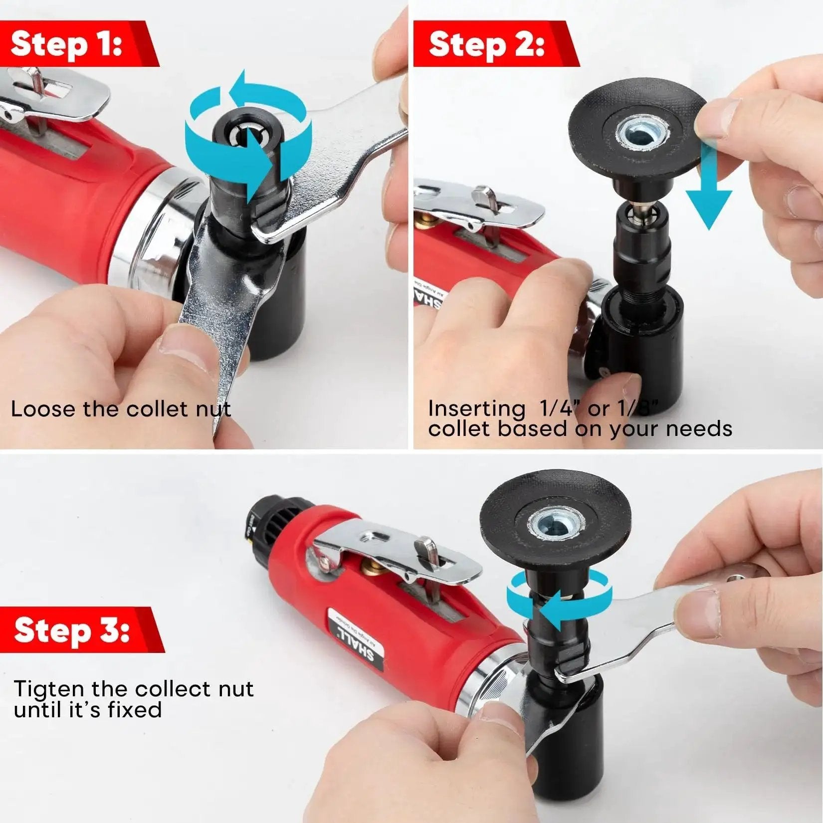 Right Angle Die Grinder Kit With 90 Degree Head 1/4 Inch And 1/8 Inch Collets 24 Sanding Discs Air Connector Lubricant And Chuck Keys Included 20,000 RPM Perfect For Grinding Polishing Deburring Engraving And Rust Removal showing collet installation steps