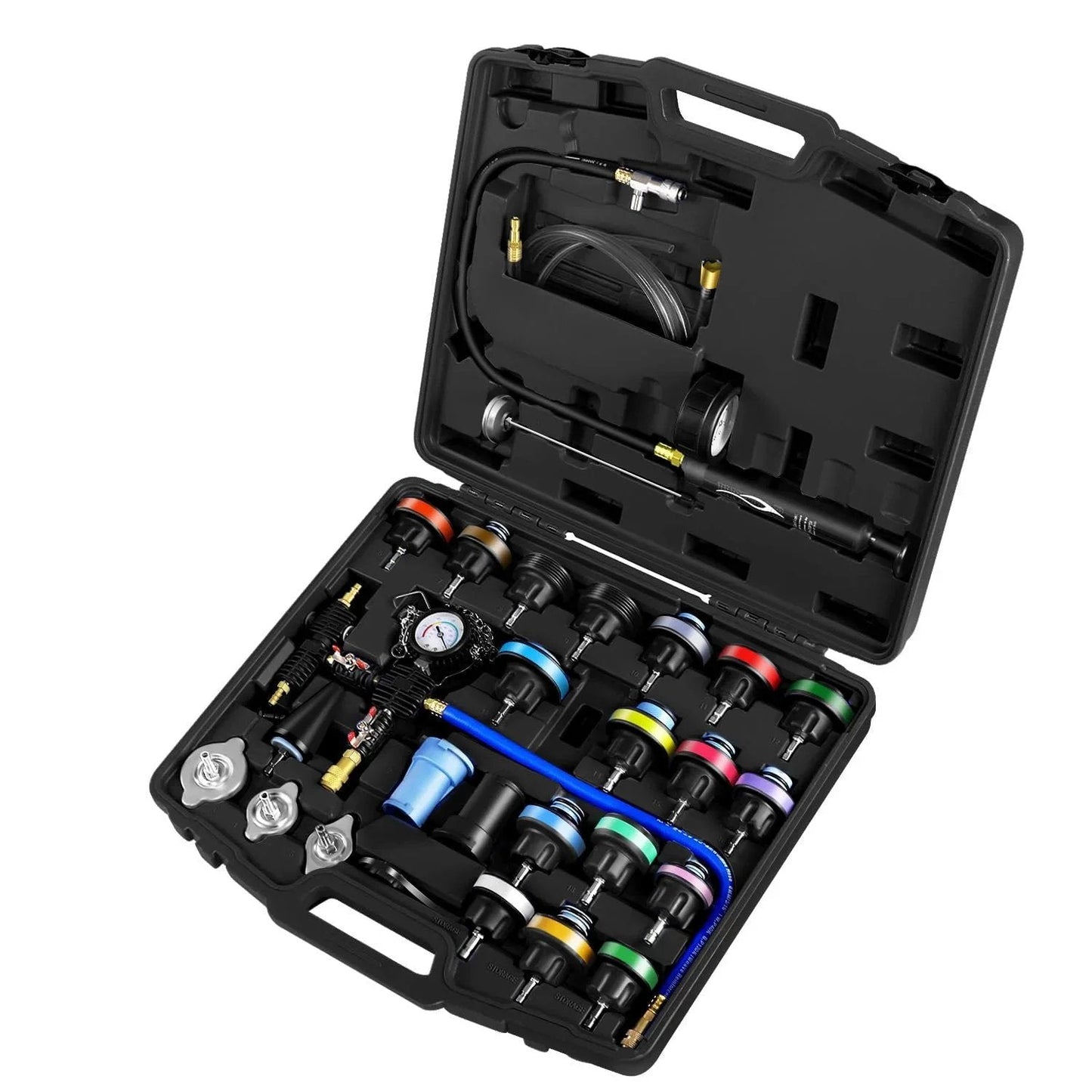 All In One Radiator Coolant Pressure Tester and Vacuum Refill Tool Kit Ready to Roll Pro Grade 28 Piece Automotive Cooling System Leak Test and Pneumatic Purge Fill Set with Testing Adapters and Caps Universal Fit for Cars Trucks SUVs open case with tools