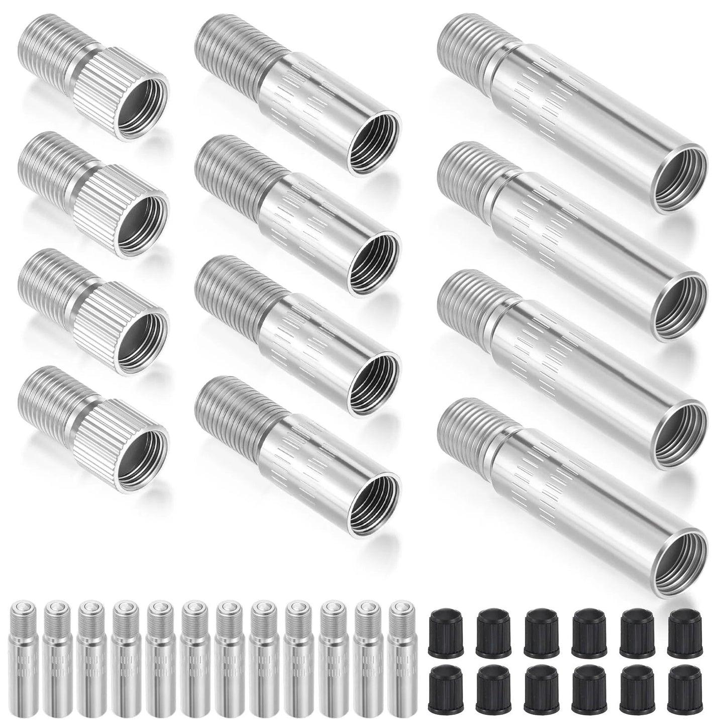 12 Piece Valve Stem Extension Kit With 19mm 27mm 39mm Extenders For Cars Motorcycles And Trucks Stainless Steel And ABS Tire Valve Extensions For Easy Inflation And Pressure Check Pro Grade Durable Silver And Black