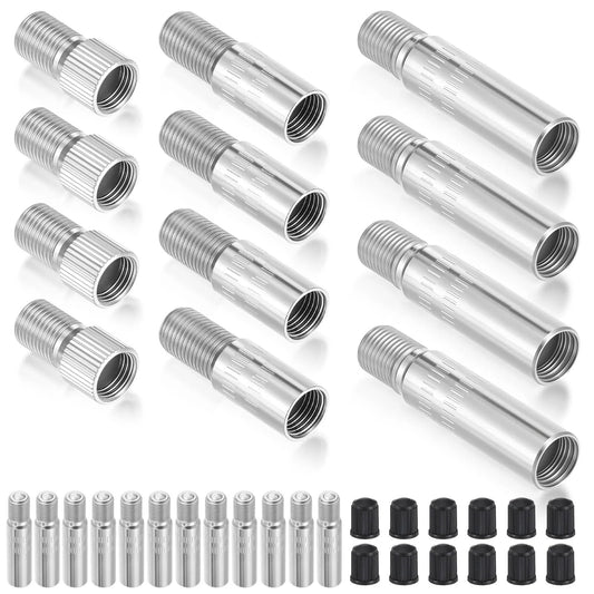 12 Piece Valve Stem Extension Kit With 19mm 27mm 39mm Extenders For Cars Motorcycles And Trucks Stainless Steel And ABS Tire Valve Extensions For Easy Inflation And Pressure Check Pro Grade Durable Silver And Black