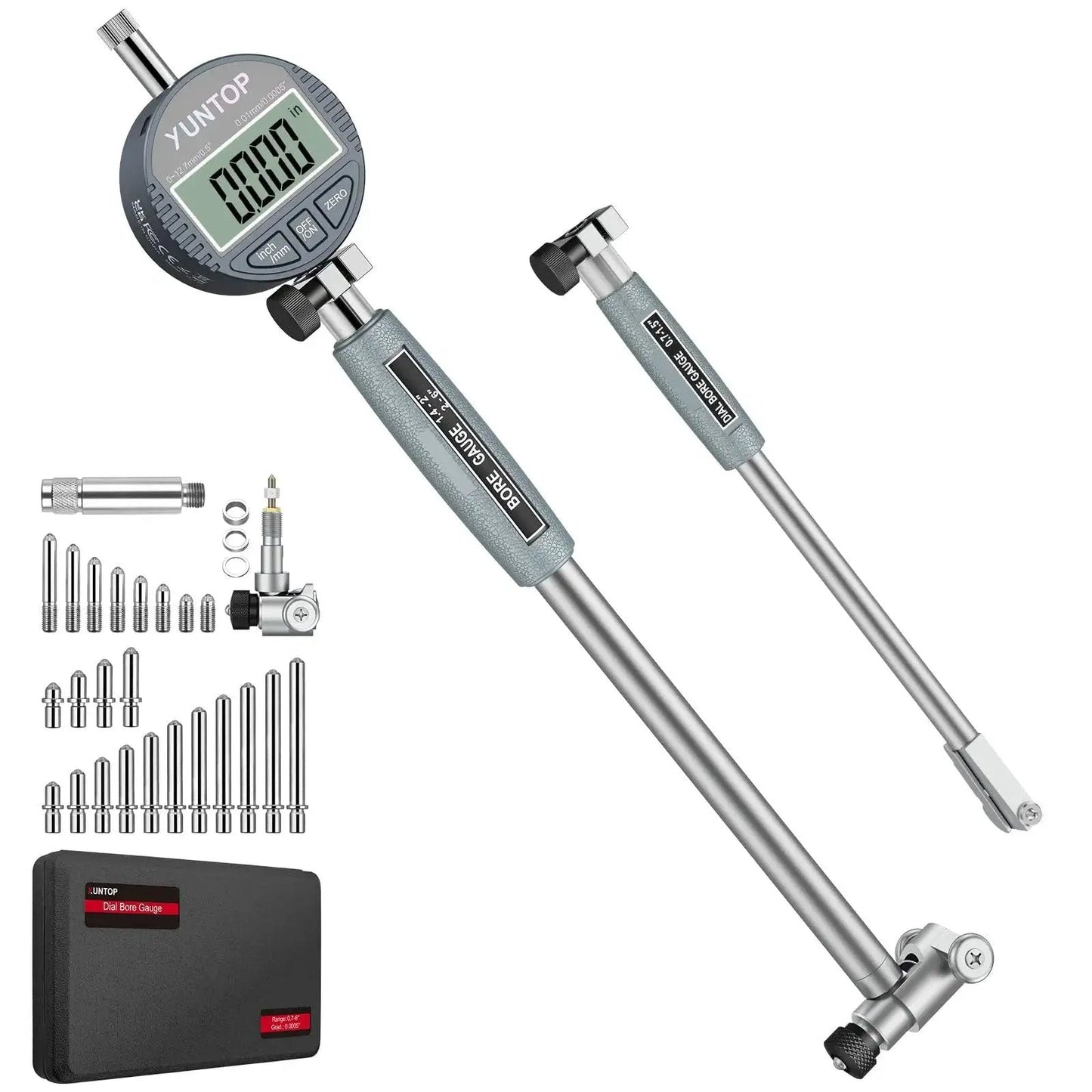 Ultra Precision Digital Bore Gauge Set With 0.0005 Inch Resolution For 0.7 To 6 Inch Bore And 5 To 6 Inch Depth Includes 23 Anvils And 2 Measuring Rods For Machining CNC Automotive Engine Cylinders And Hydraulic Components XUNTOP showing gauge, rods, anvils, and case.