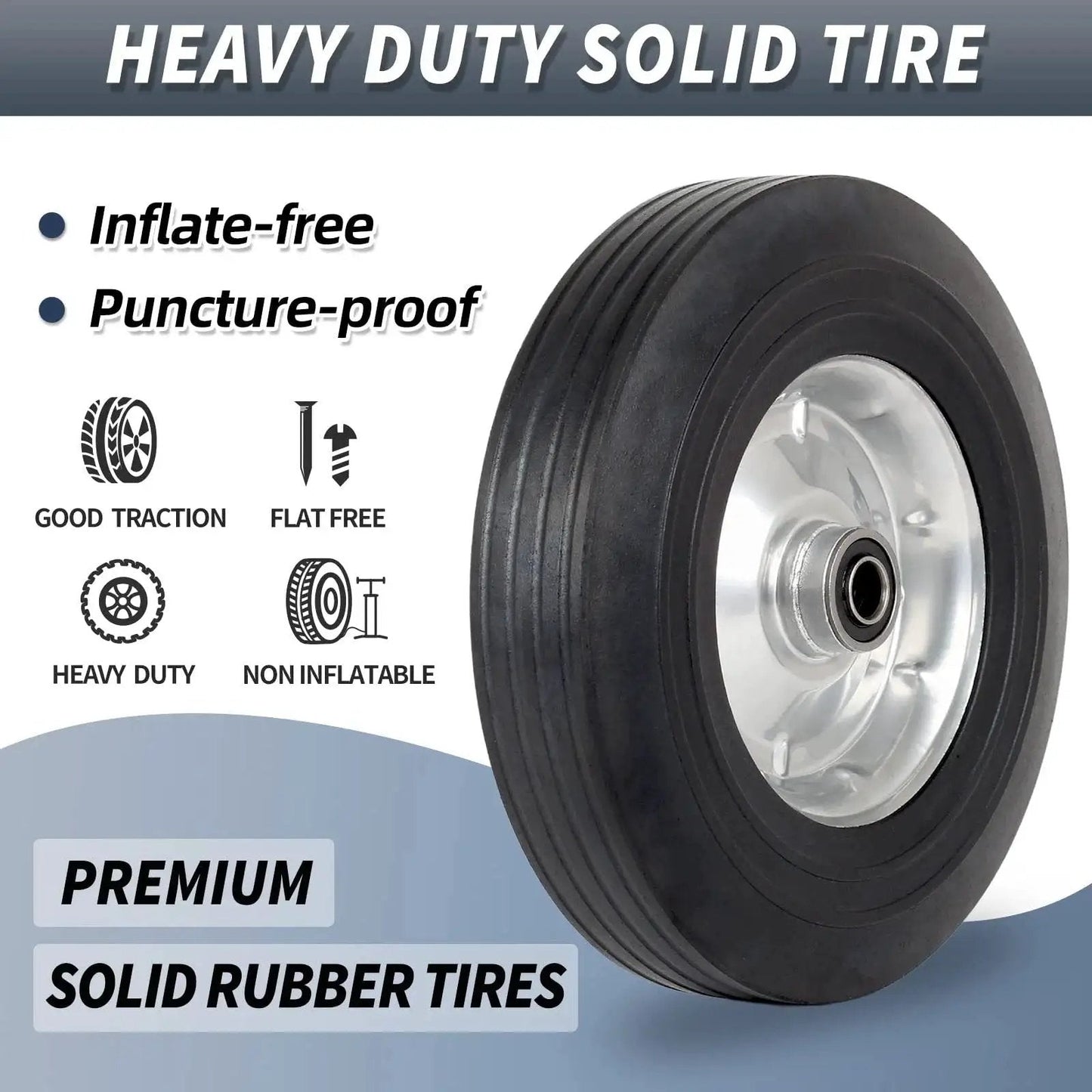 10 Inch By 2.5 Inch Flat Free Solid Rubber Tire With 5/8 Inch Axle Bore Hole And 2 1/4 Inch Hub Replacement Wheel