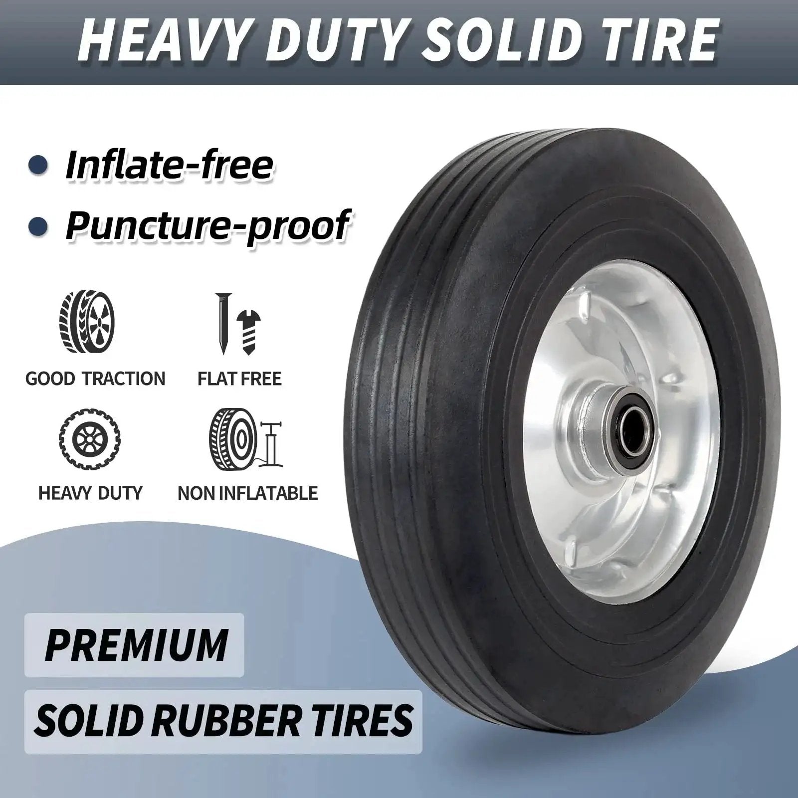 10 Inch By 2.5 Inch Flat Free Solid Rubber Tire With 5/8 Inch Axle Bore Hole And 2 1/4 Inch Hub Replacement Wheel