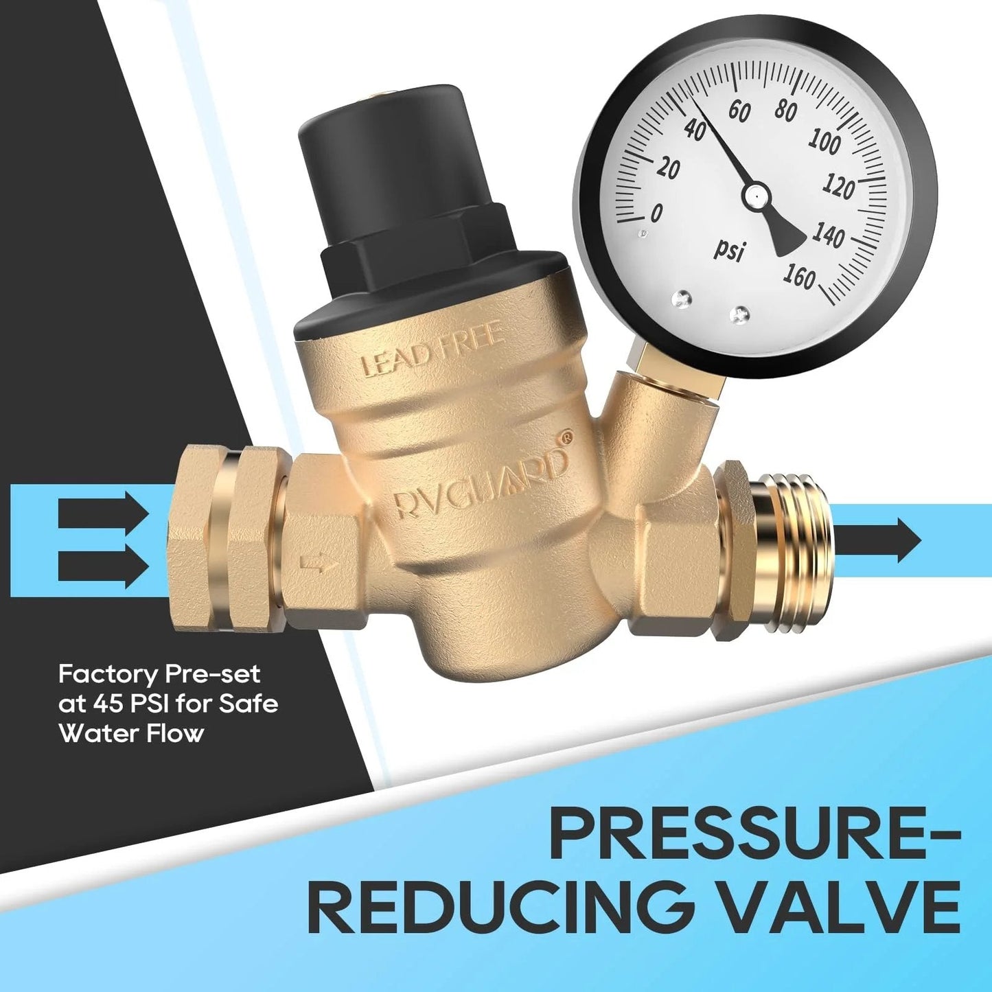 Adjustable Lead Free Brass RV Water Pressure Regulator Valve With Gauge And Inlet Screen Filter For Campers And Travel Trailers Keeps Water Safe Prevents Pipe Damage Easy Install High Flow